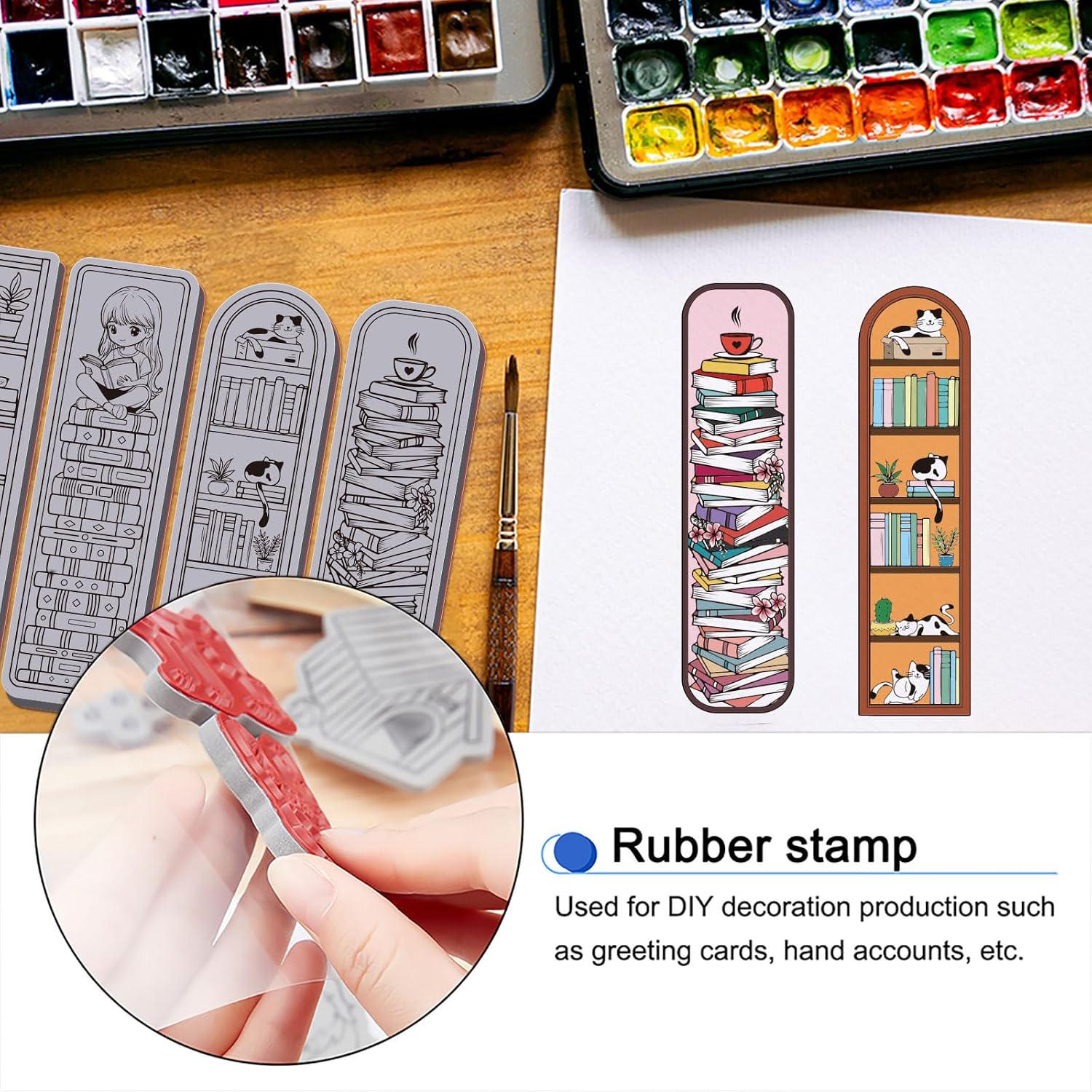 GLOBLELAND Bookshelf Bookmark Cling Rubbers Stamp 8.66x7inch Book Frame EVA Cling Mount Stamps Cat Lady Reading Bookmarks Rubber Stamp Set for Card Making Photo Album Decoration DIY Scrapbooking