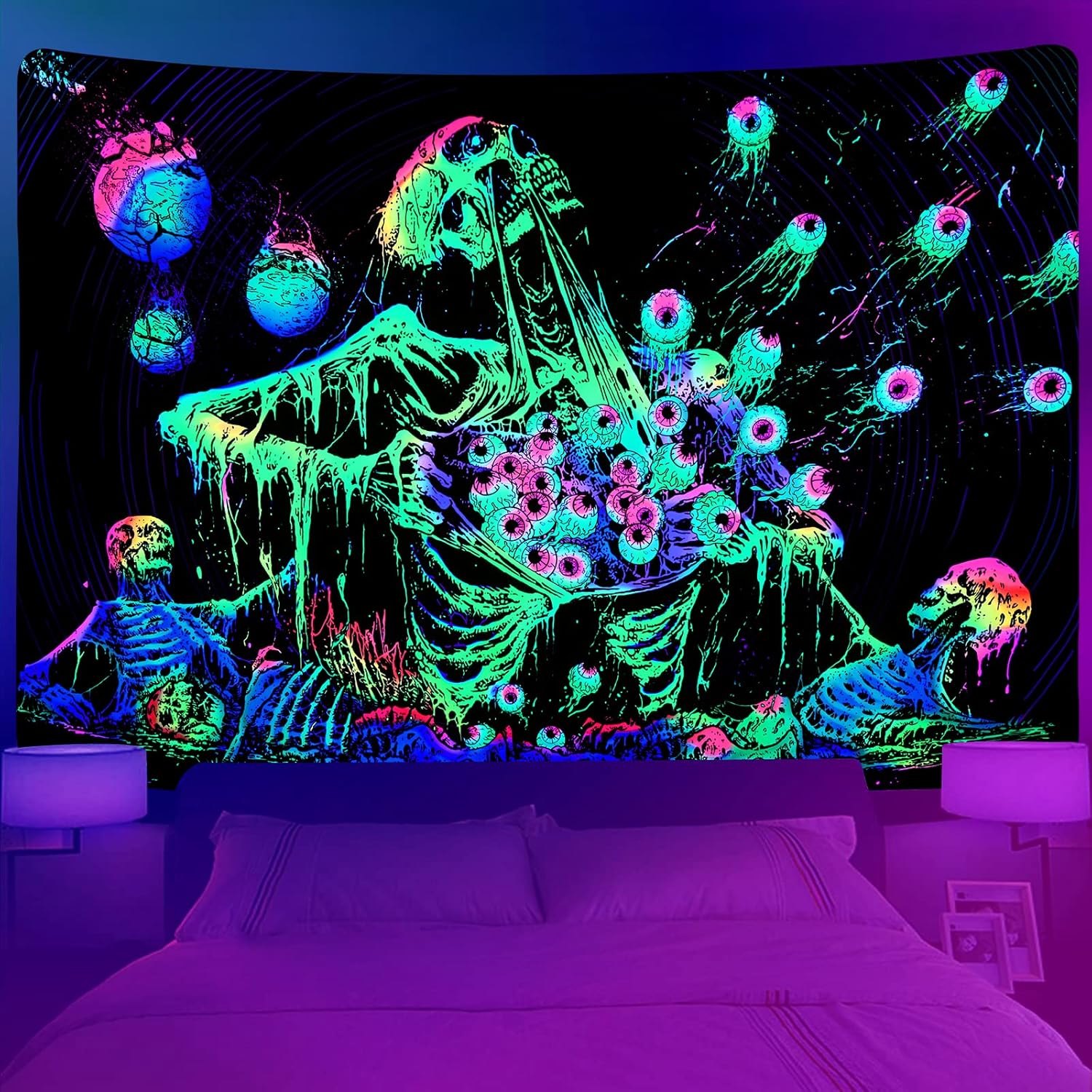 Krelymics Black Light Skull Tapestry - Creepy Gothic Skeleton with UV Reactive Eyes - Trippy Aesthetic for Bedroom Dorm, Glow in The Dark (70.9 x 92.5 inches)