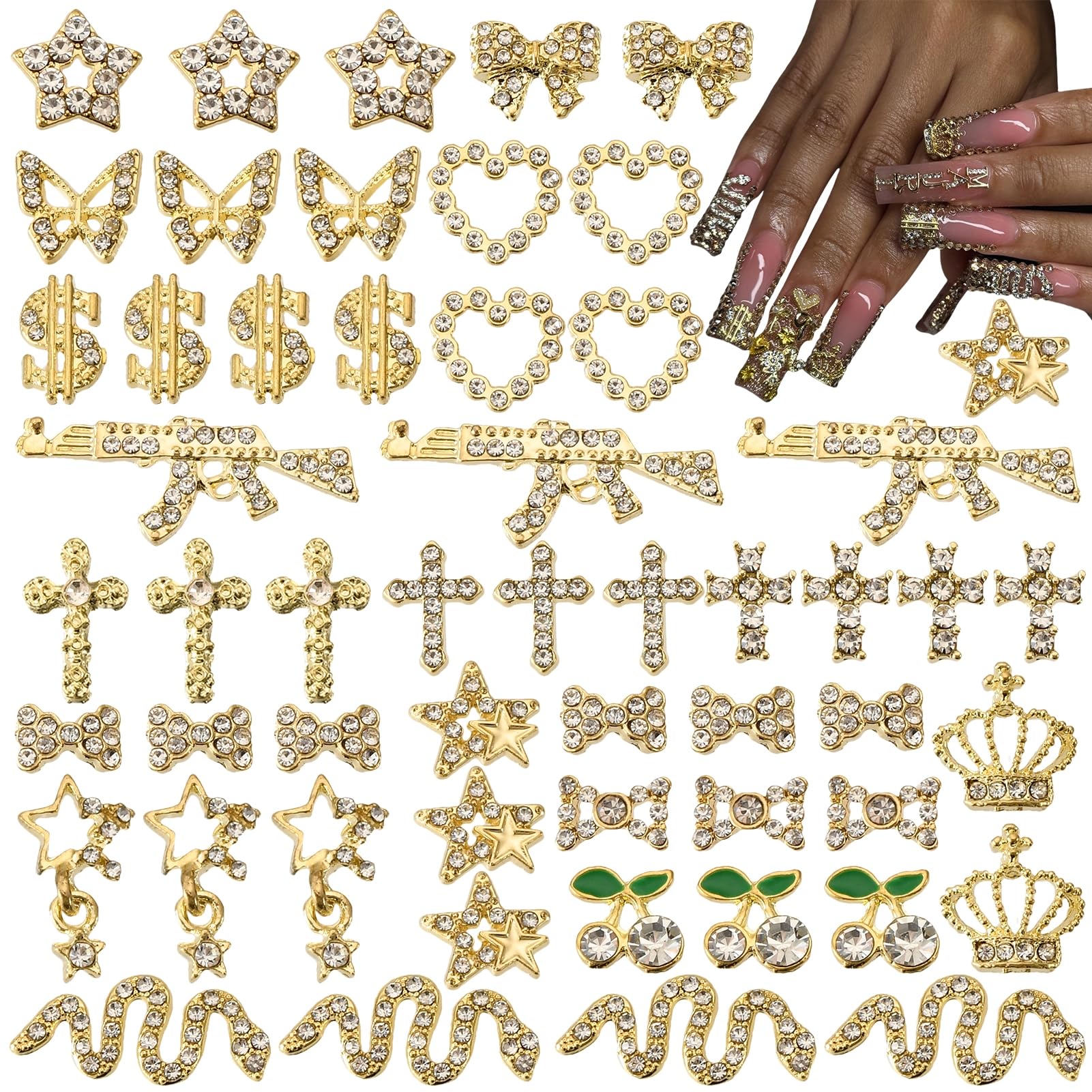 OPMADM 64 Pcs Gold Nail Charms and Gems Y2k Charms for Nails Design Metal Nail Jewels for Nail Art 3D Nail Bow Cherry Butterfly Star Cross Heart Money