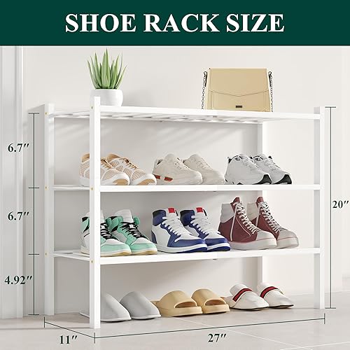 Miniatura 2 de Smiry Zapatero de 3 niveles, pequeño organizador de zapatos de bambú, apilable, estante de almacenamiento de zapatos de madera para armario,