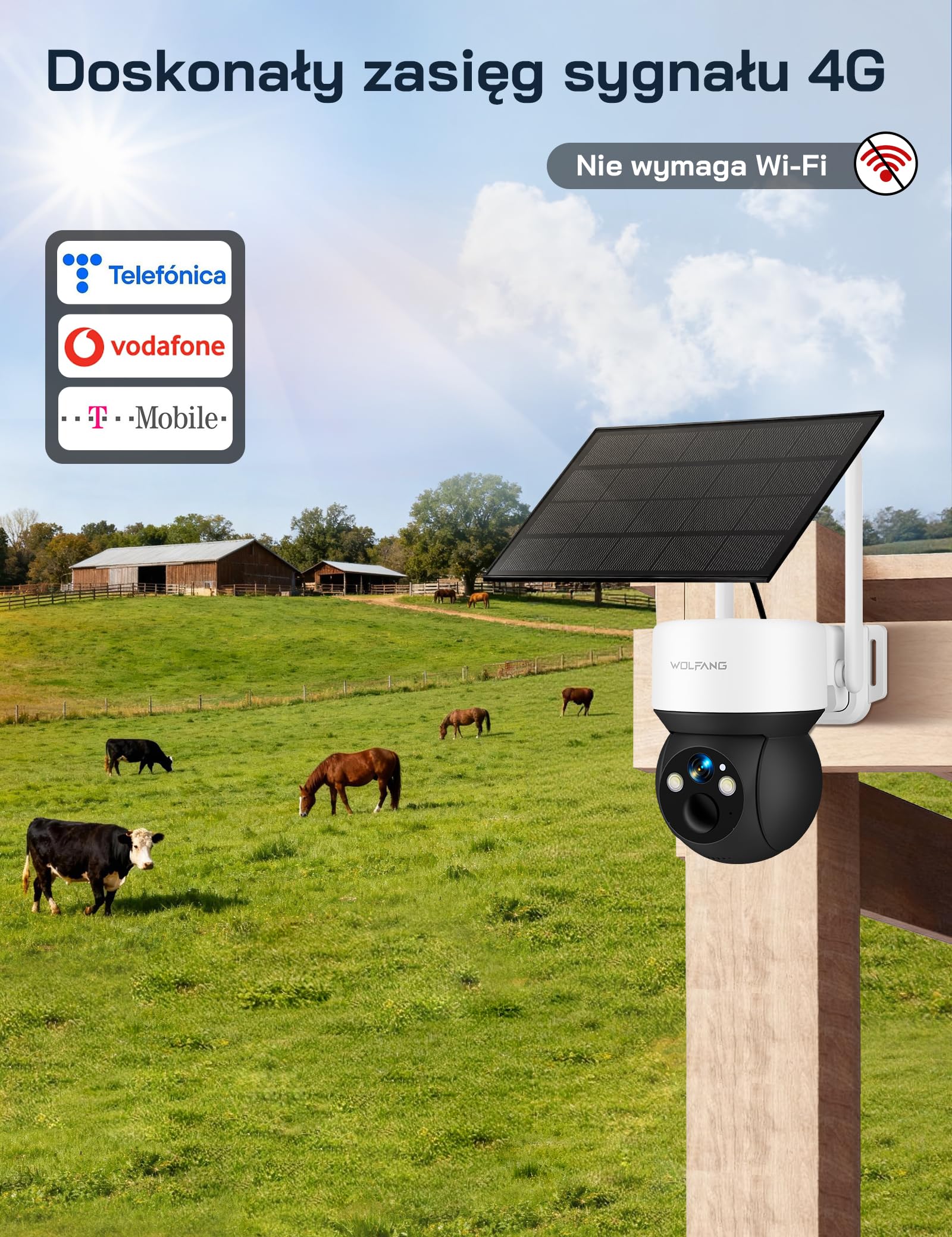 WOLFANG Kamera Łowiecka 4G LTE Solarna, Kamera Przyrodnicza 2K Live View, PTZ 355°/90°, Noktowizor, PIR, IP66, Kamera Bezpieczeństwa do Obserwacji Zwierząt