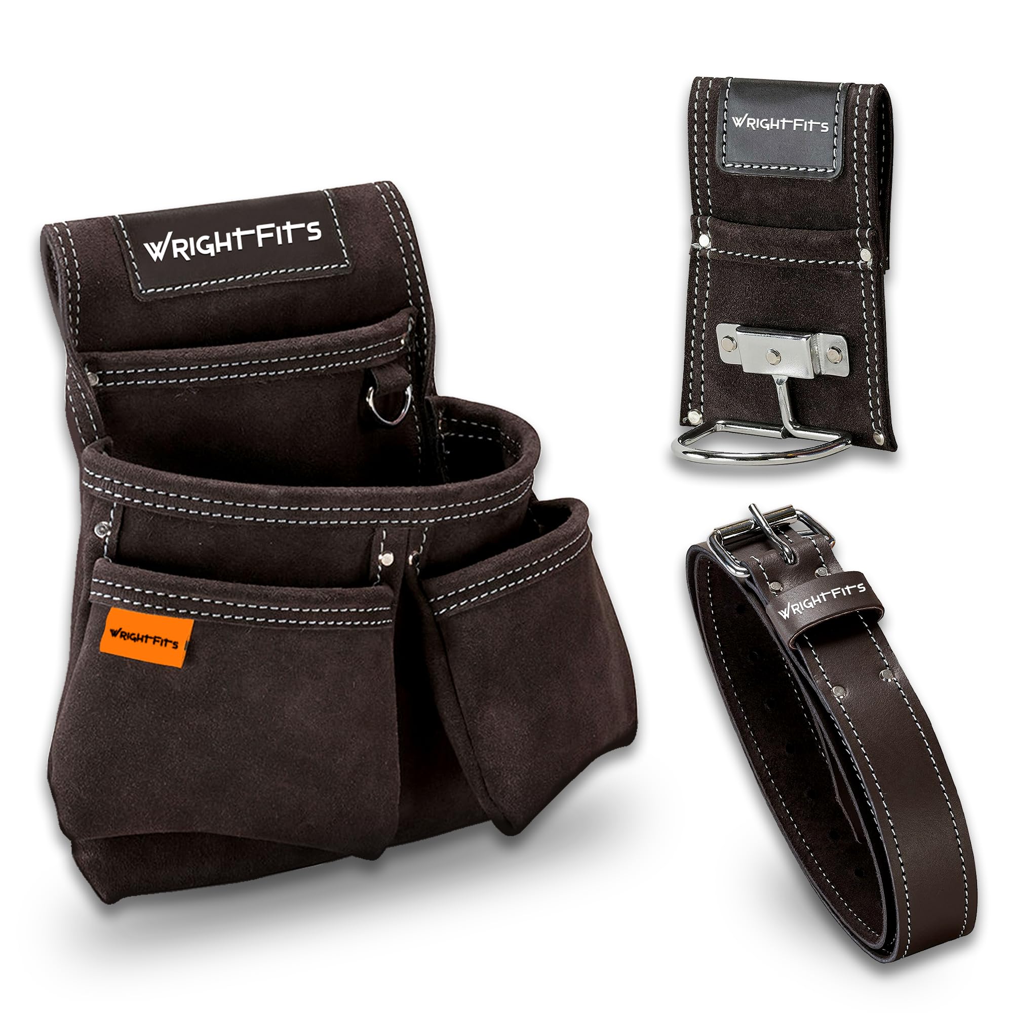 WrightFits Custodia per cintura in pelle con tasche multiple, organizer per attrezzi da lavoro con cintura | vita regolabile per falegnami, giardinieri, costruttori, elettricisti