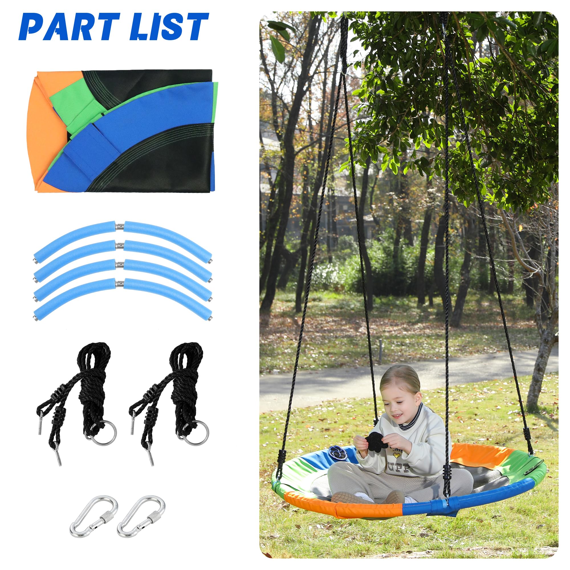 MaxxGarden Balançoire Nid Ronde – Suspendue Ajustable, 100 Kg Max, 60 Cm – Noir/Bleu