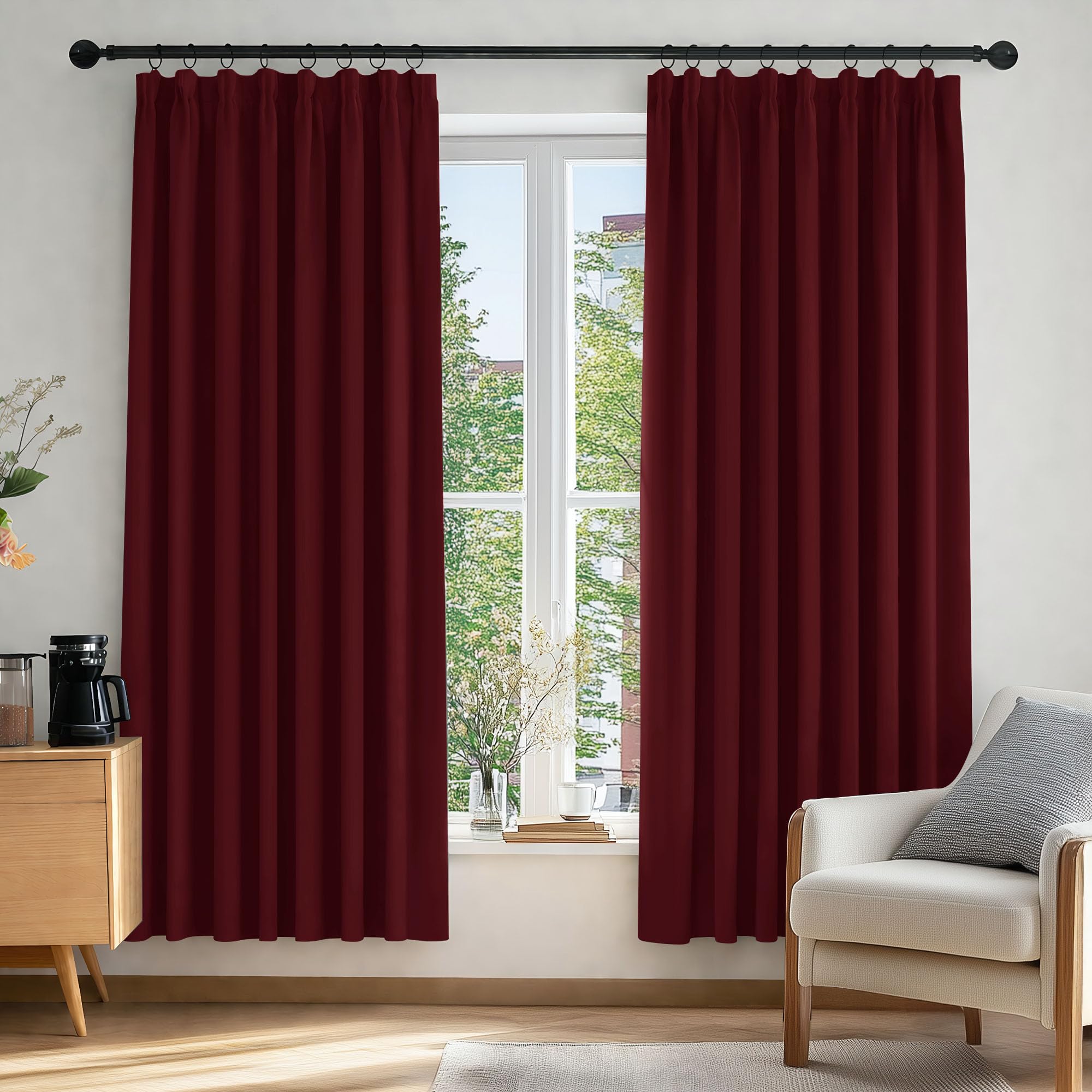 Deconovo Red Super Soft Pencil Pleat Curtains Thermal Insulated Blackout Curtains For Kids Bedroom 66 X 72 Two Panels