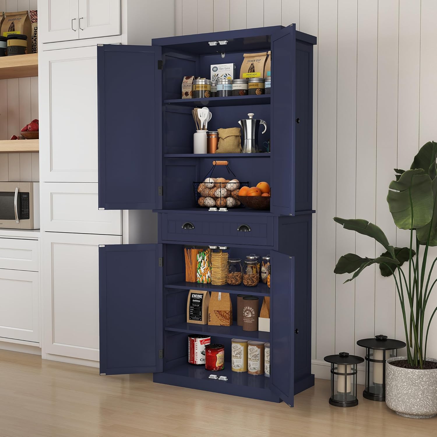 Kitchen Pantry Cabinet, Tall Pantry Storage Cabinet with Drawer and Adjustable Shelves, Blue Freestanding Cupboard for Kitchen, Dining Room and Living Room