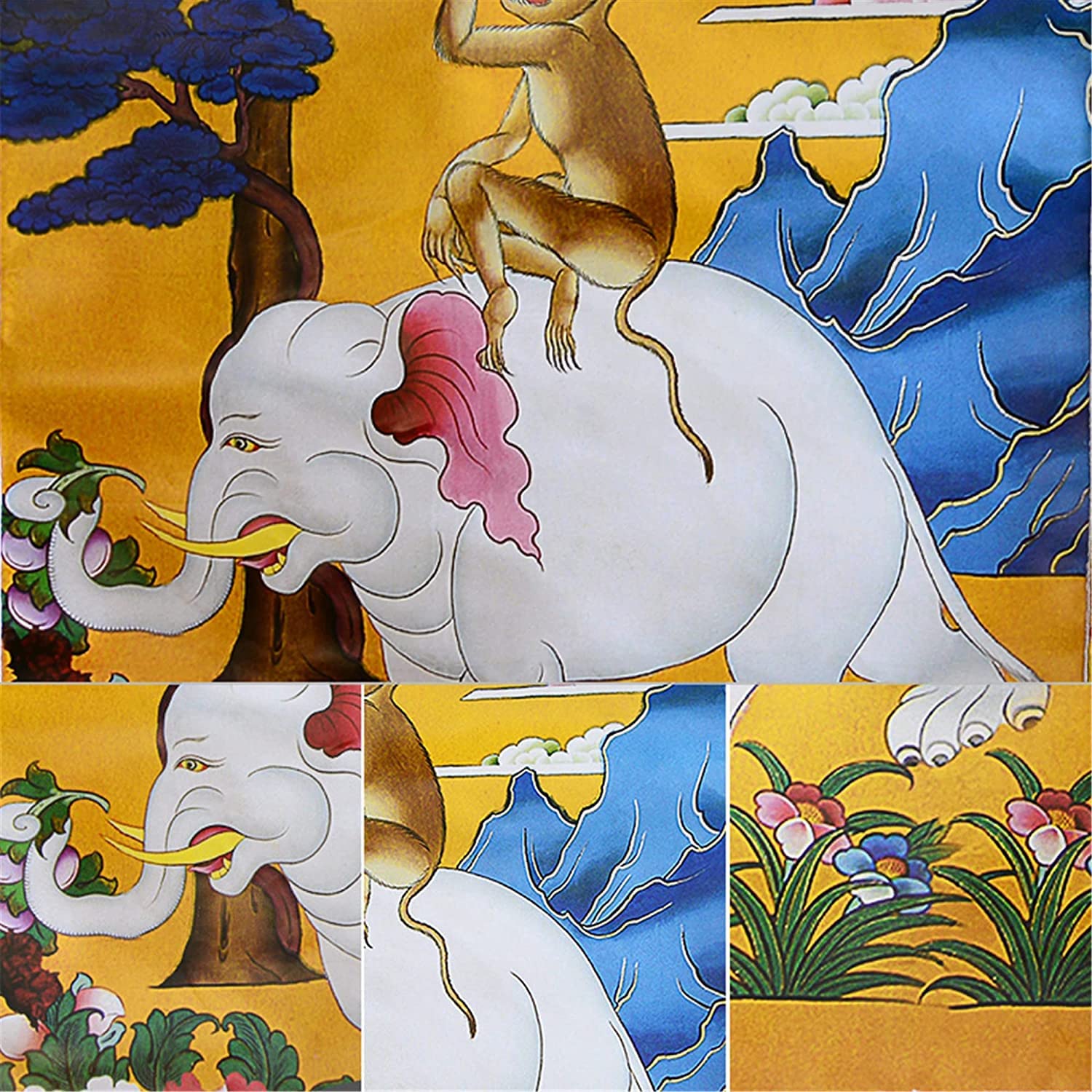 YTBHSHXZ Tibetische Thangkas, Vier harmonische Tiere, buddhistische Thangka-Brokat(Red,35L x 20W cm)