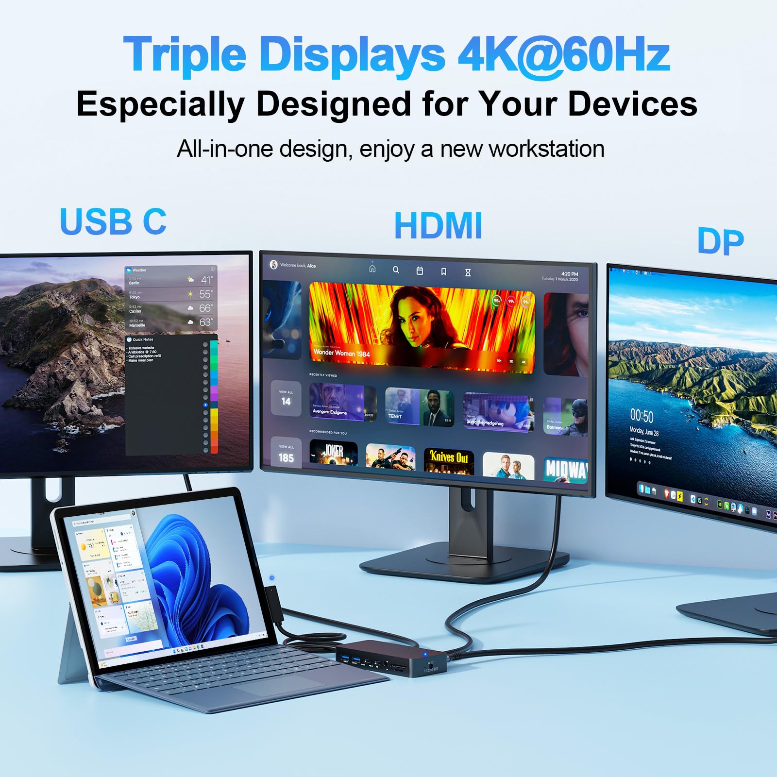 New Surface Thunderbolt 4 Dock Triple Displays 4K@60Hz HDMI+USB C+DP Compatible Surface Pro 12/11/10/9/8/X/7+/7, Surface Laptop 7/6/5/4/3, Surface Go 4/3/2/1, Surface Laptop Go 3/2/1, Surface Book 3/2 — view 2