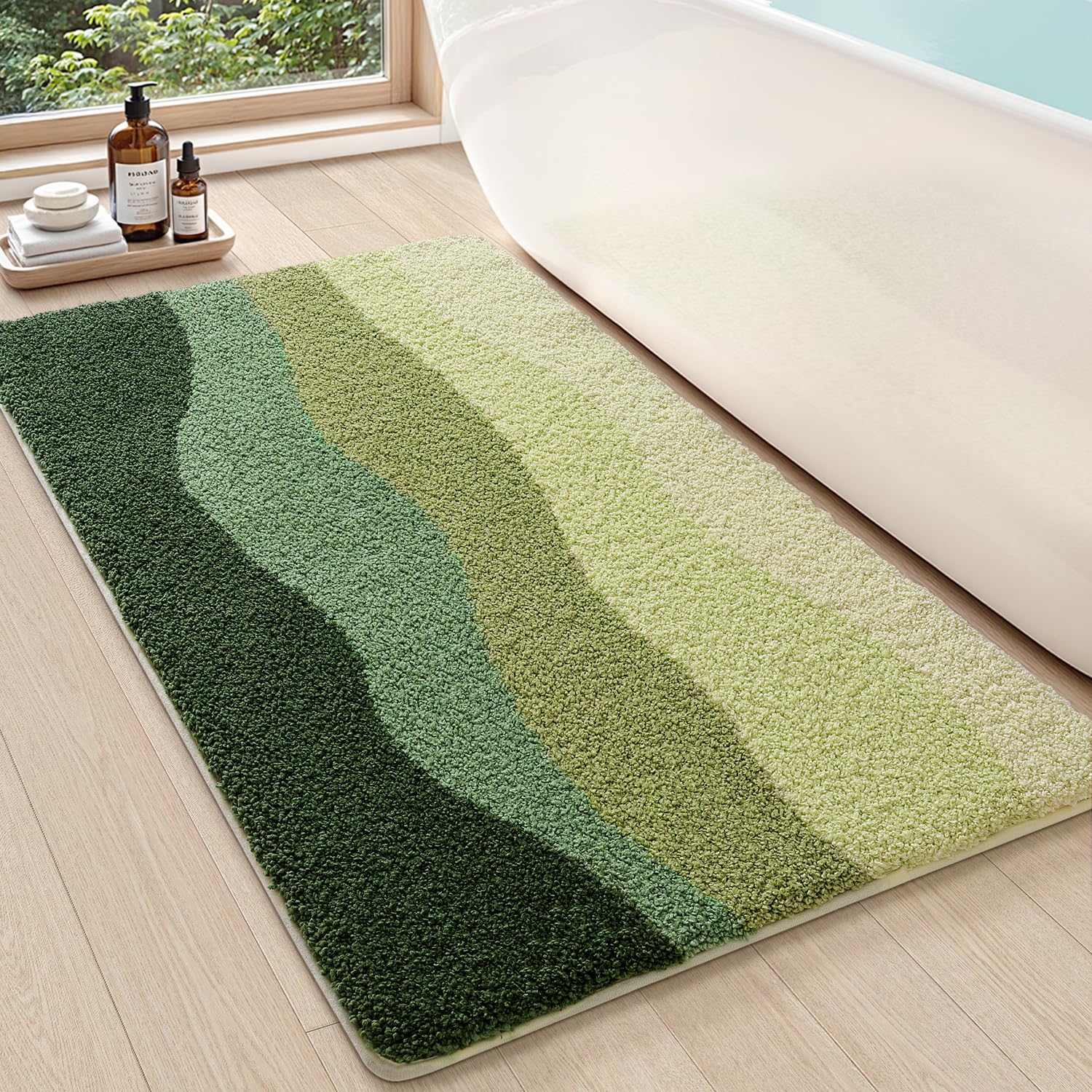 DEXI Bathroom Mat 60 x 110 cm, Non Slip and Absorbent, Green Woodland