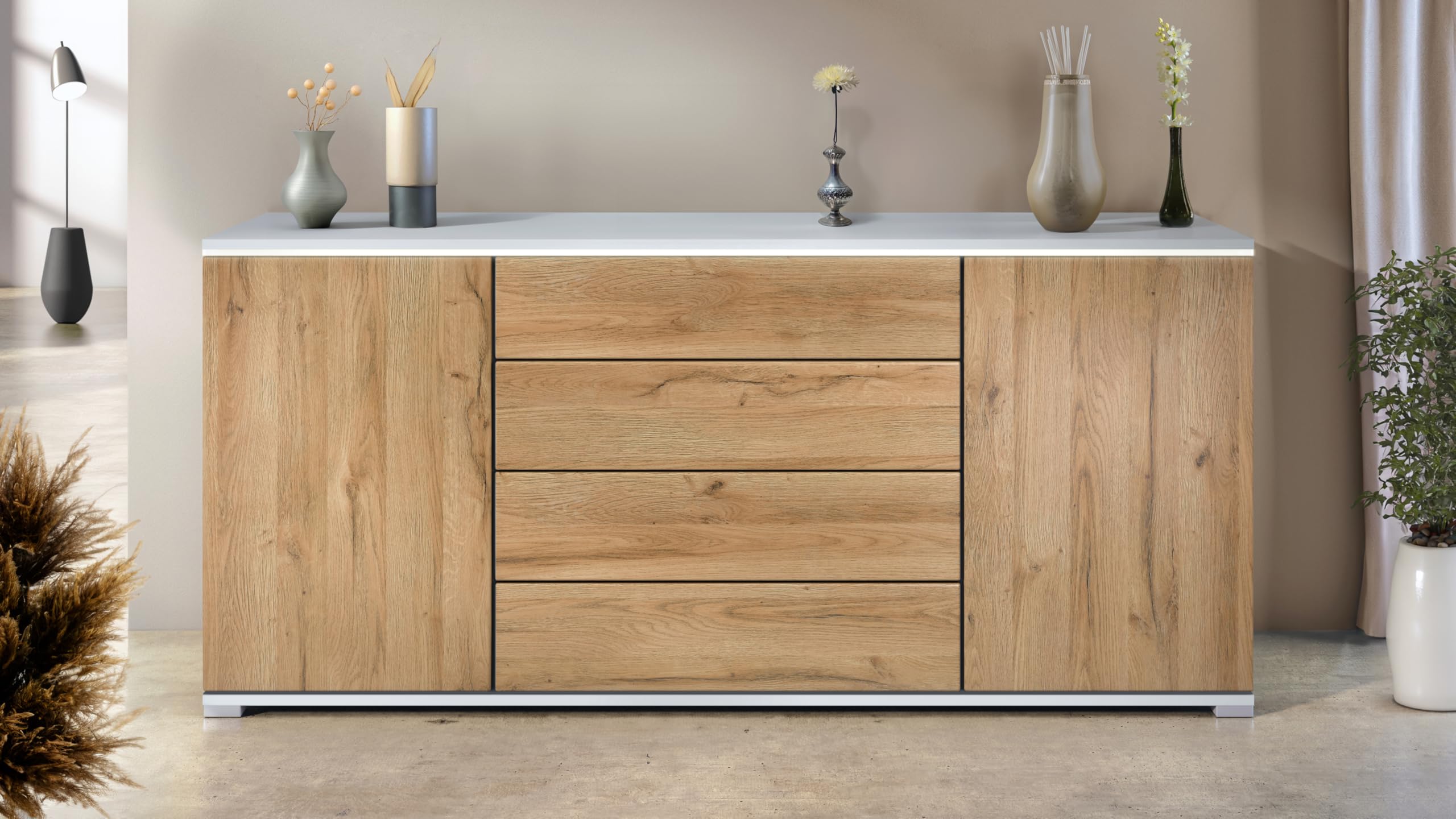 Vladon Sideboard Faro V2 - Kommode mit 2 Türen & 4 Schubladen, Schrank mit LED Lichtleiste, Weiß matt/Eiche Natur (166,5 x 75,5 x 35)