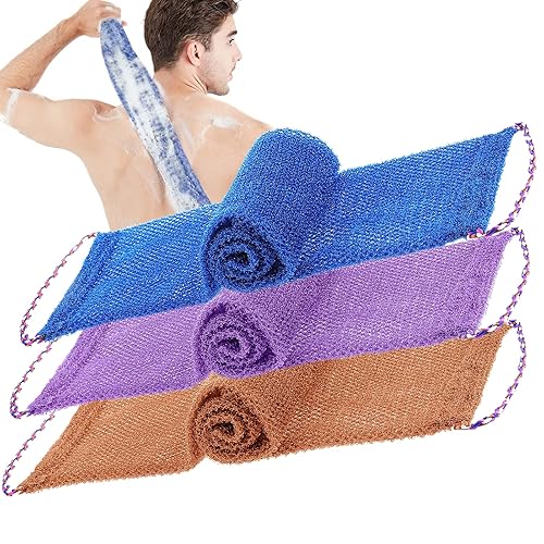 TENQUAN African Exfoliating Net Sponge 3 Pack - 31.5" Long Bath Body Scrubber with Rope Handles, Reusable Back Scrub Cloth for Shower, Men & Women (Purple/Blue/Coffee) - Purple, Blue, Coffee