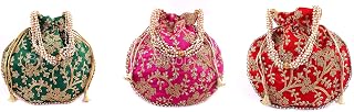 BINORI FASHIONS Rajasthani Style Royal Clutch Silk Batwa Bag Combo Khajoor Wristlets Ethnic Potli For Women's Zari Work Br... Price In India