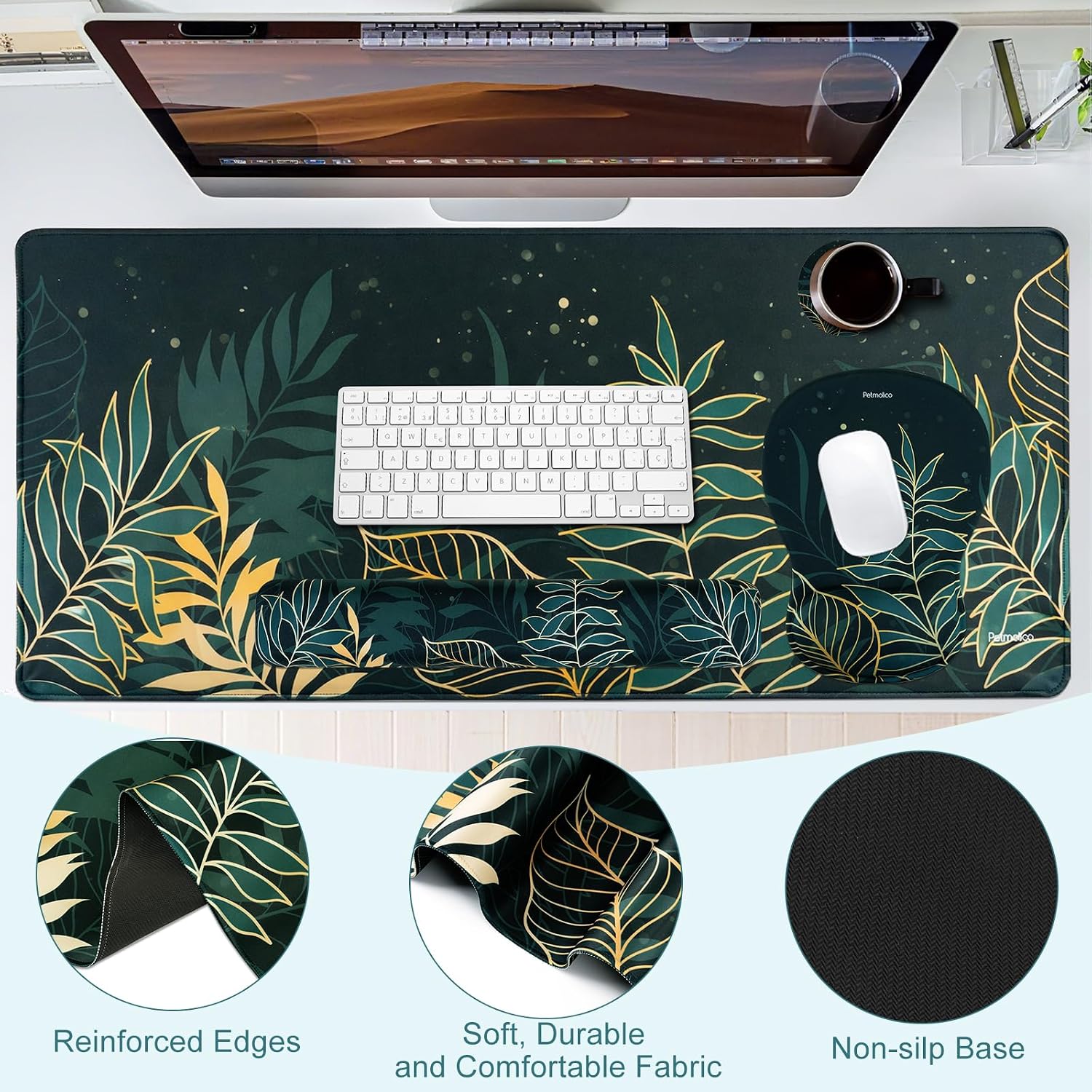 Petmolico Keyboard Wrist Rest Large 4-in-1 Gaming Mouse Pad Wrist Support for Computer Desk Mat Ergonomic Design[Dark Green&Oleander]