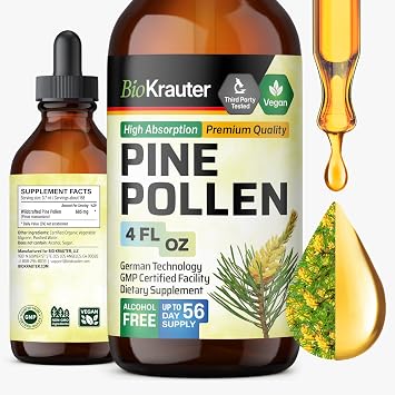 BIO KRAUTER Pine Pollen for Mens Support - Pure & Vegan Pine Pollen Tincture 685 mg per Serving 4 Fl.Oz 56-Day Supply - Immune Support Supplement & Antioxidants - Alcohol & Sugar Free