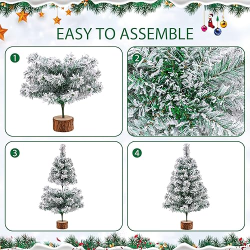 Miniatura 4 de Árbol de Navidad artificial de 2 pies, árbol de Navidad verde de mesa con nieve flocado, mini árbol de Navidad con soporte de madera para interiores