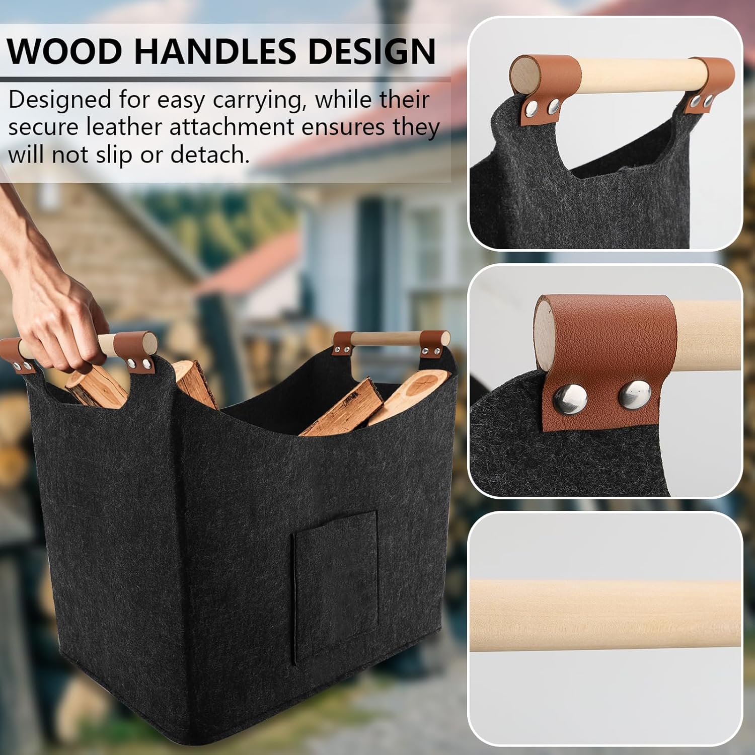 Firewood Carrier with Wooded Handles,Felt Firewood Basket and Front Pocket Multipurpose Foldable Large Capacity Carrier Storage Bag （2pcs）