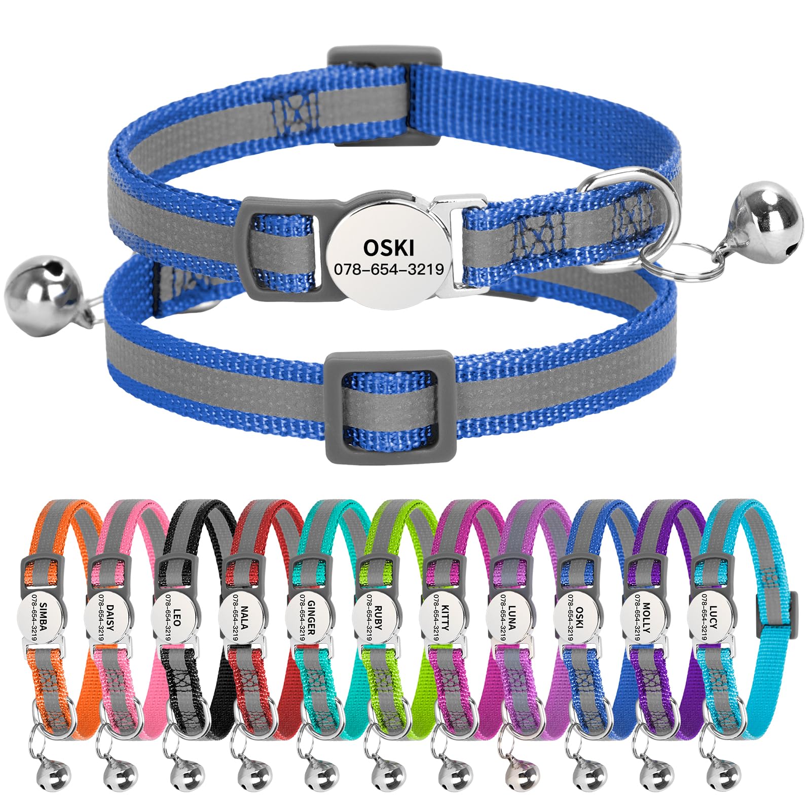 Personalised Reflective Cat Collar with Name Tag,Quick Release Kitten Collars with Bell Safety Buckle, Adjustable Nylon Cat Collar for Cats Kittens UK Prime (19–30 cm, Dark Blue Strip) — image 1