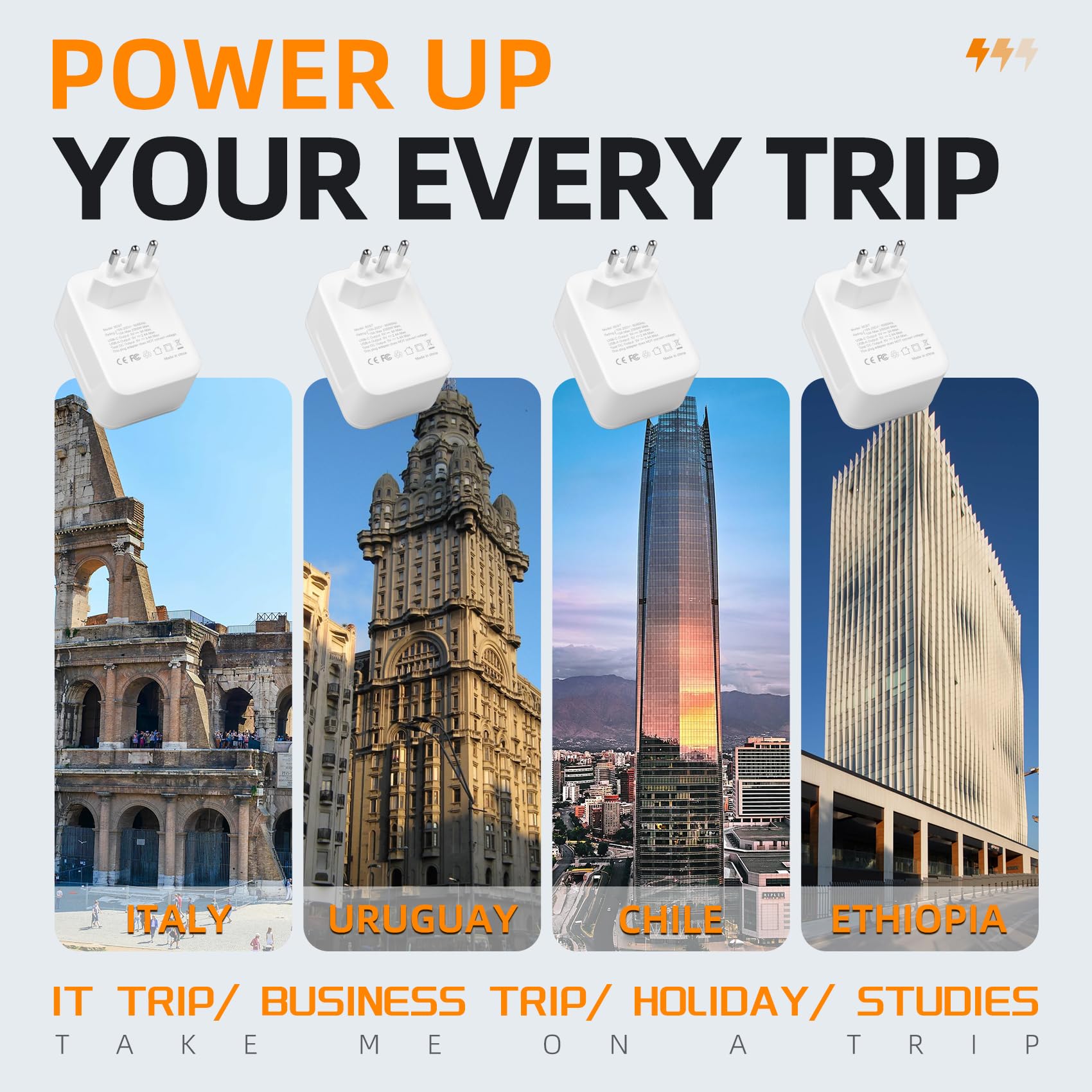 Adaptateur Prise Italien avec 1 Prise CA, 2 Ports USB-A et 2 Ports USB-C (3,4 A) Adaptateur de Prise de Voyage de Type L FR vers IT pour l'Uruguay, Le Chili, l'Éthiopie, l'Italie, la Libye, la Syrie