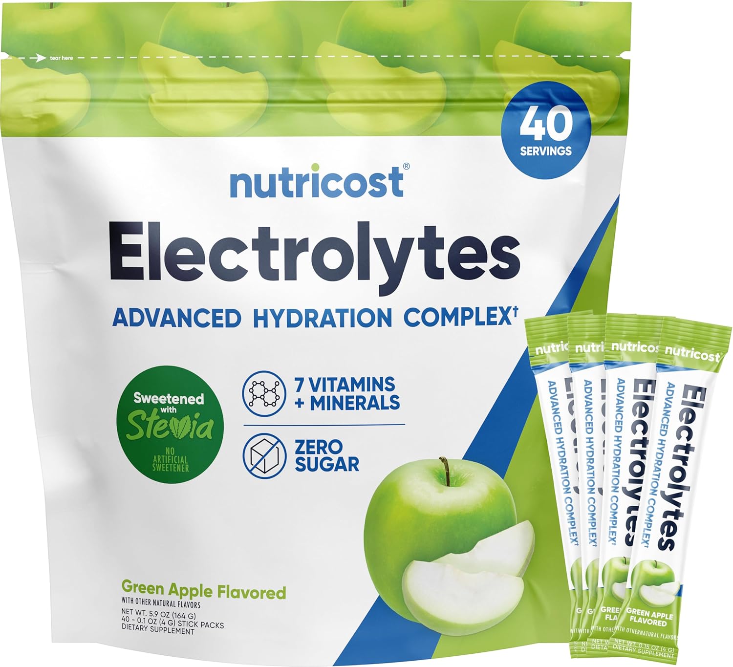 Nutricost Electrolytes Complex, Green Apple Flavored, 40 Stickpacks - Advanced Hydration Complex