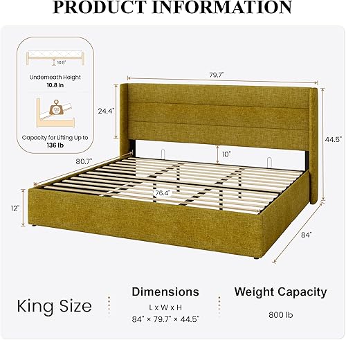 Miniatura 87 de SHA CERLIN Cama de Almacenamiento Elevable Tamaño King/Tapizada en Terciopelo/Cabecera Moderna con Respaldo de Ala/Marco de Cama Plataforma