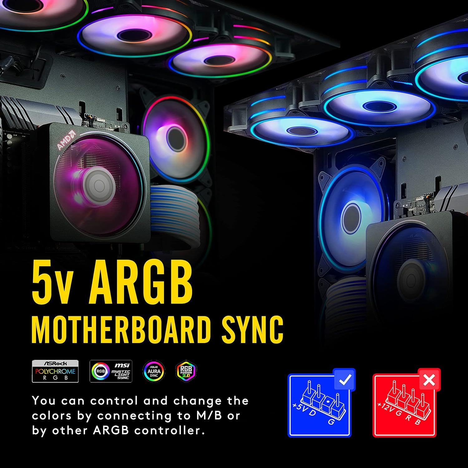 EZDIY-FAB Moonlight 120mm RGB Case Fan, 6 Pack, ARGB, Aura SYNC, Speed Control, 26.16 CFM, Desktop Compatible