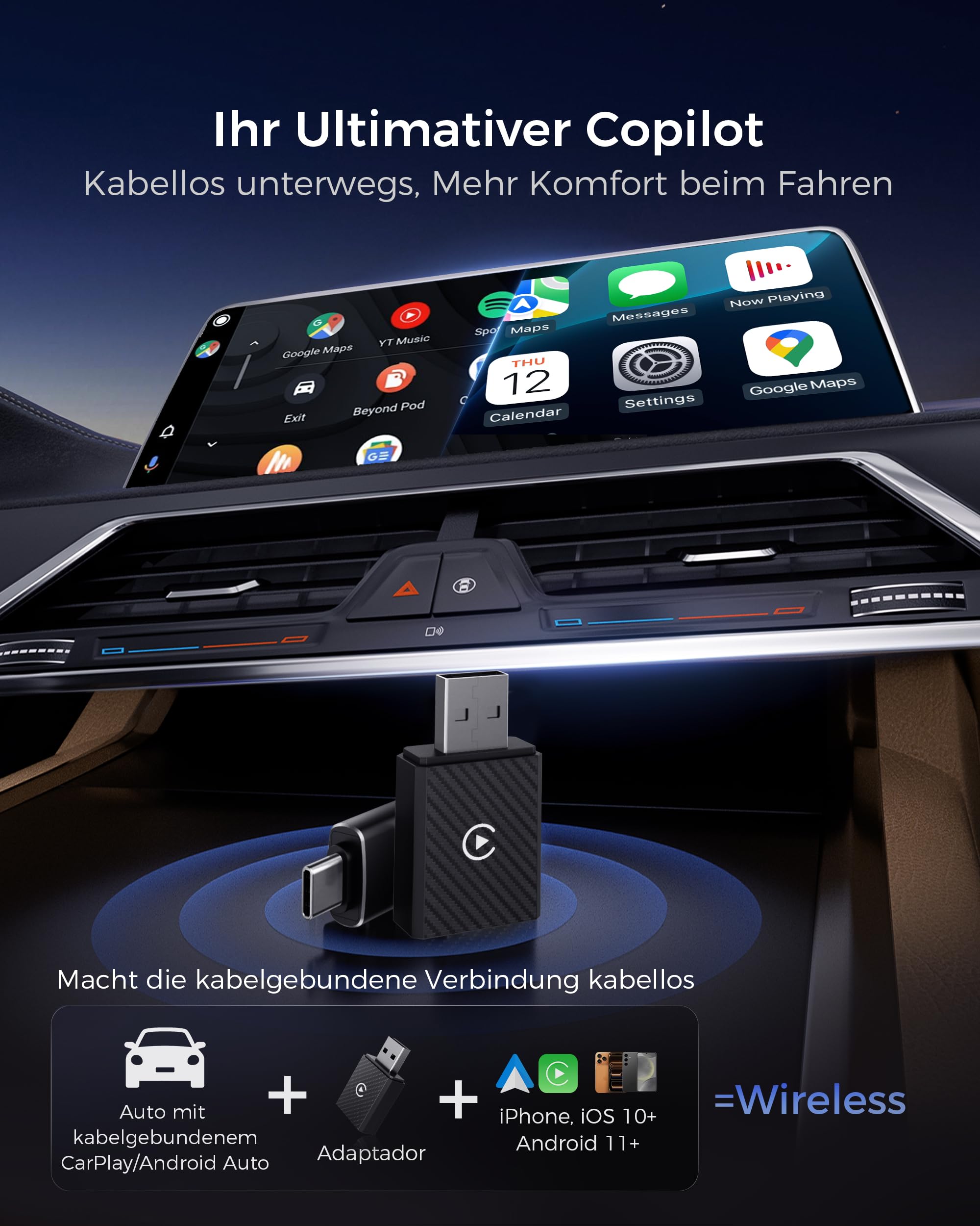 2 In 1 CarPlay und Android Auto Wireless Adapter, Dualband WiFi 6, V5.4 Bluetooth, Schnell & Stabil, Plug & Play, für Apple iPhone iOS 10+, Smartphone Android 11+, Autos seit 2016