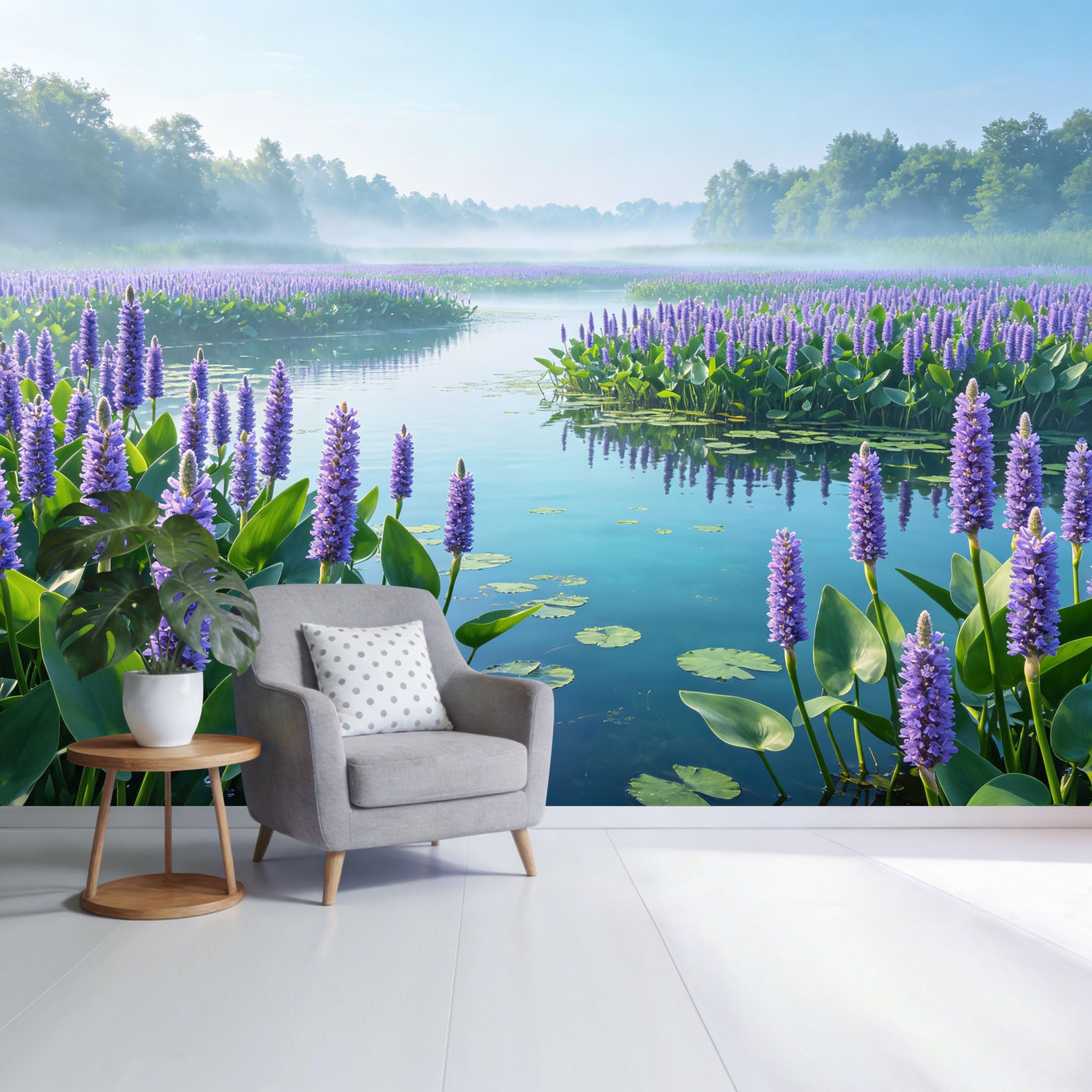 Custom Size Wall Mural Serene Lake Landscape with Purple Wildflowers and Water Lilies Morning Mist Botanical Style SelfAdhesive Wall Fabric Removable Wallpaper for Home Office Decor