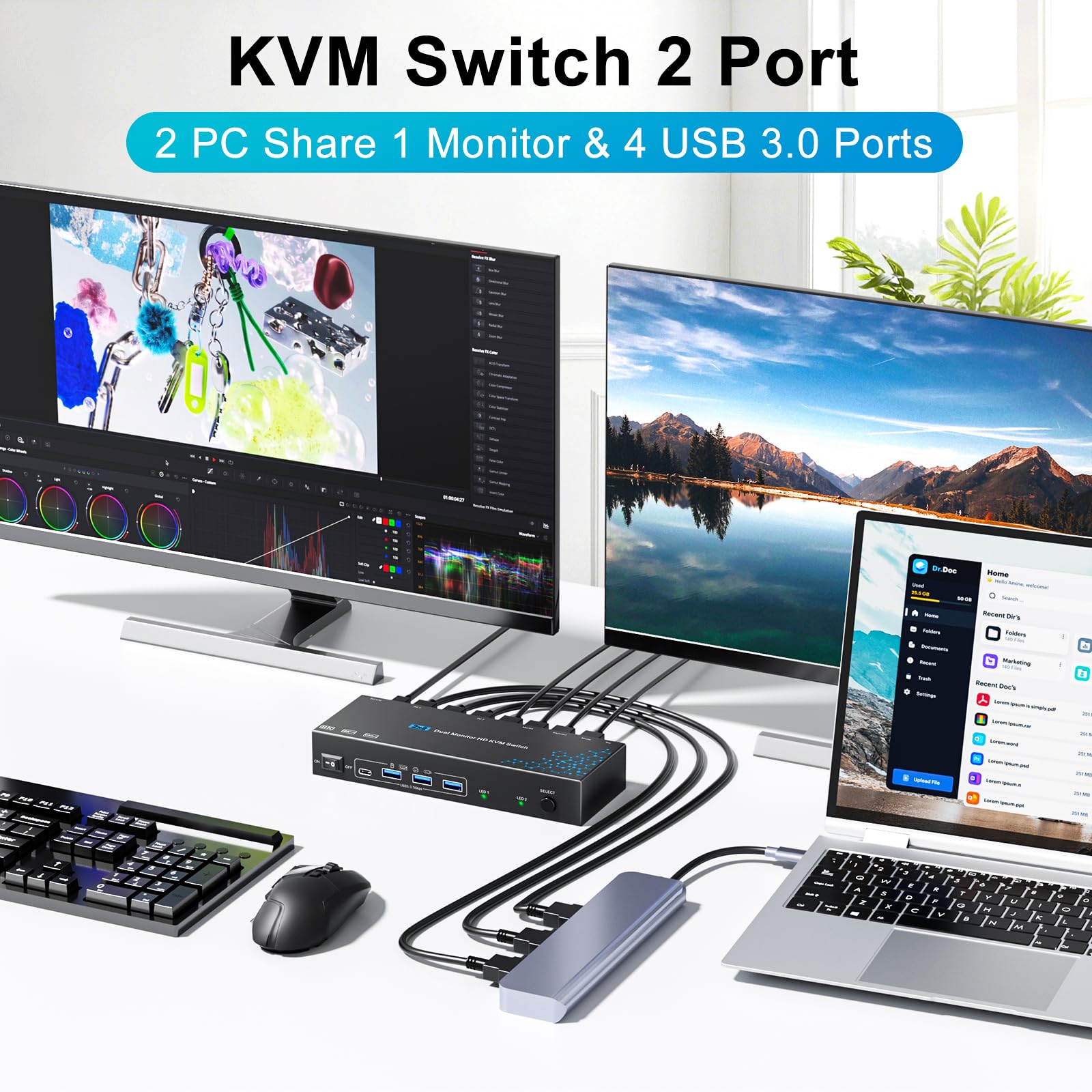 Conmutador KVM 2 computadoras 2 monitores HDMI, 8K 60Hz 4K120Hz 2 puertos Dual Monitor KVM Switches para 2 PC Share 2 Display y cuatro dispositivos USB 3.0