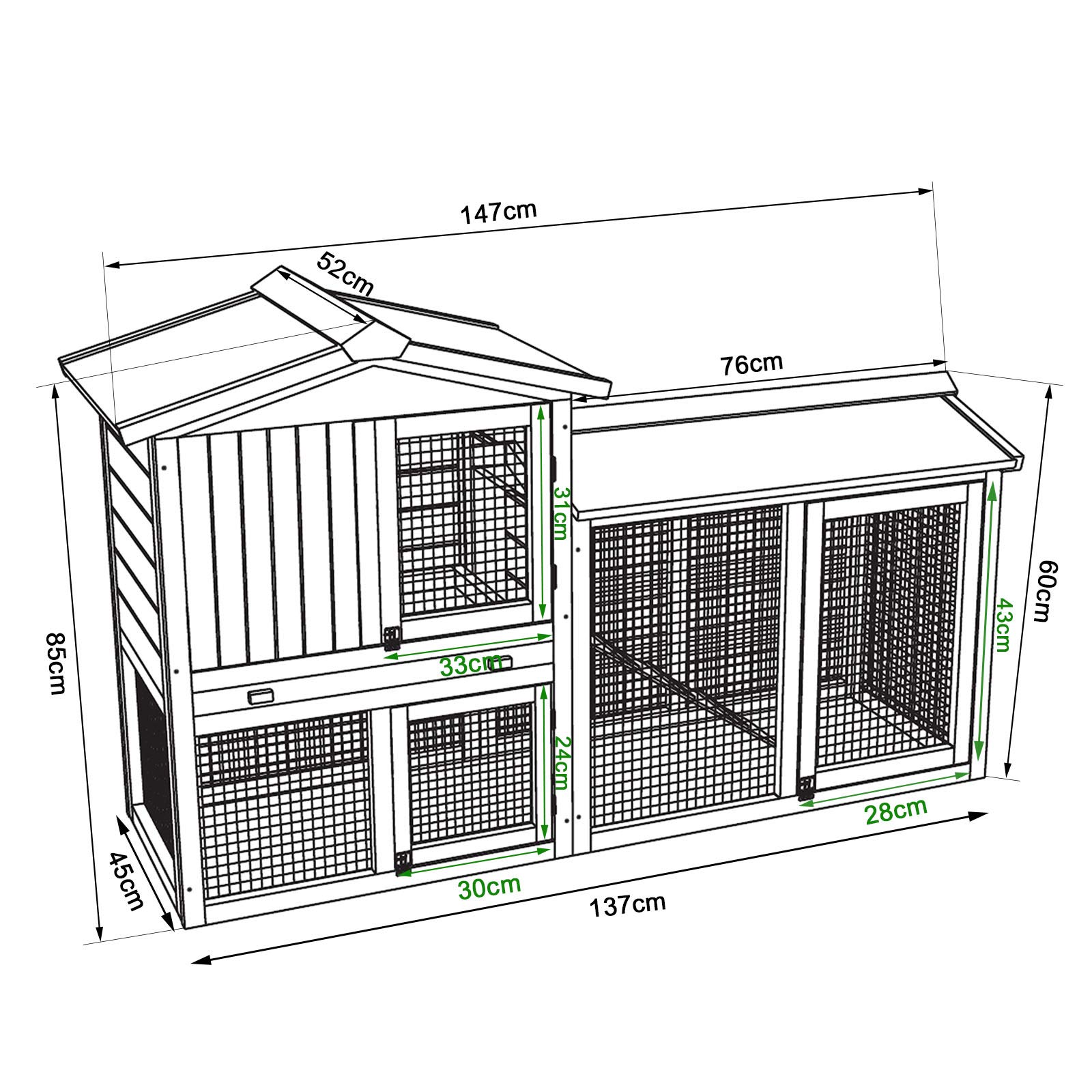 lionto Gabbia Coniglio Legno Casetta Animali da Compagnia Gabbia Esterno 147x52x85 cm