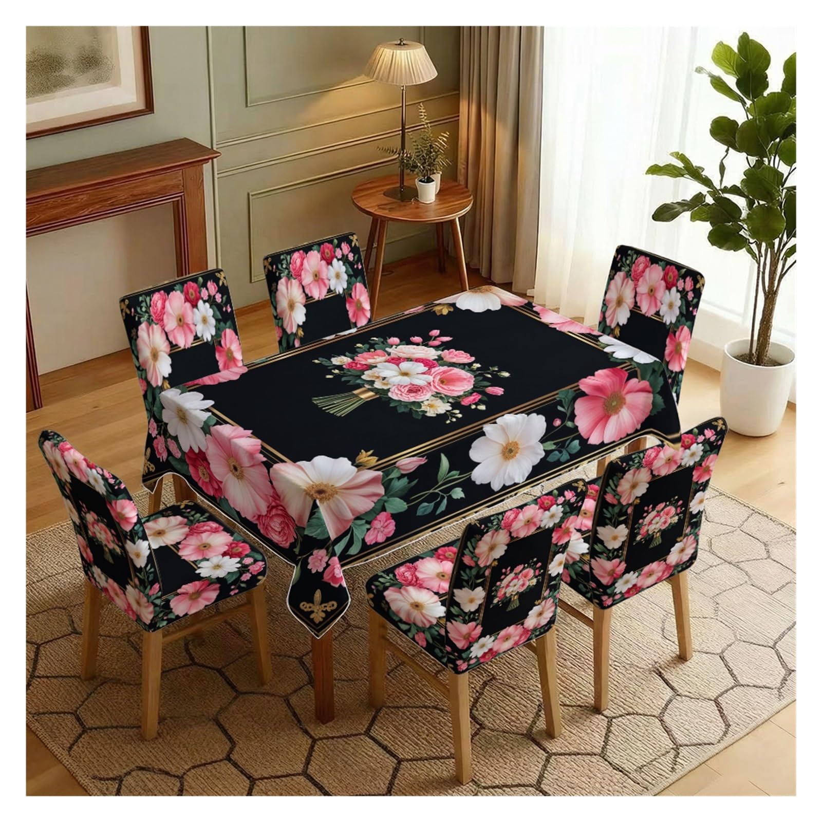 Housses de chaise extensibles lavables avec nappe assortie noire