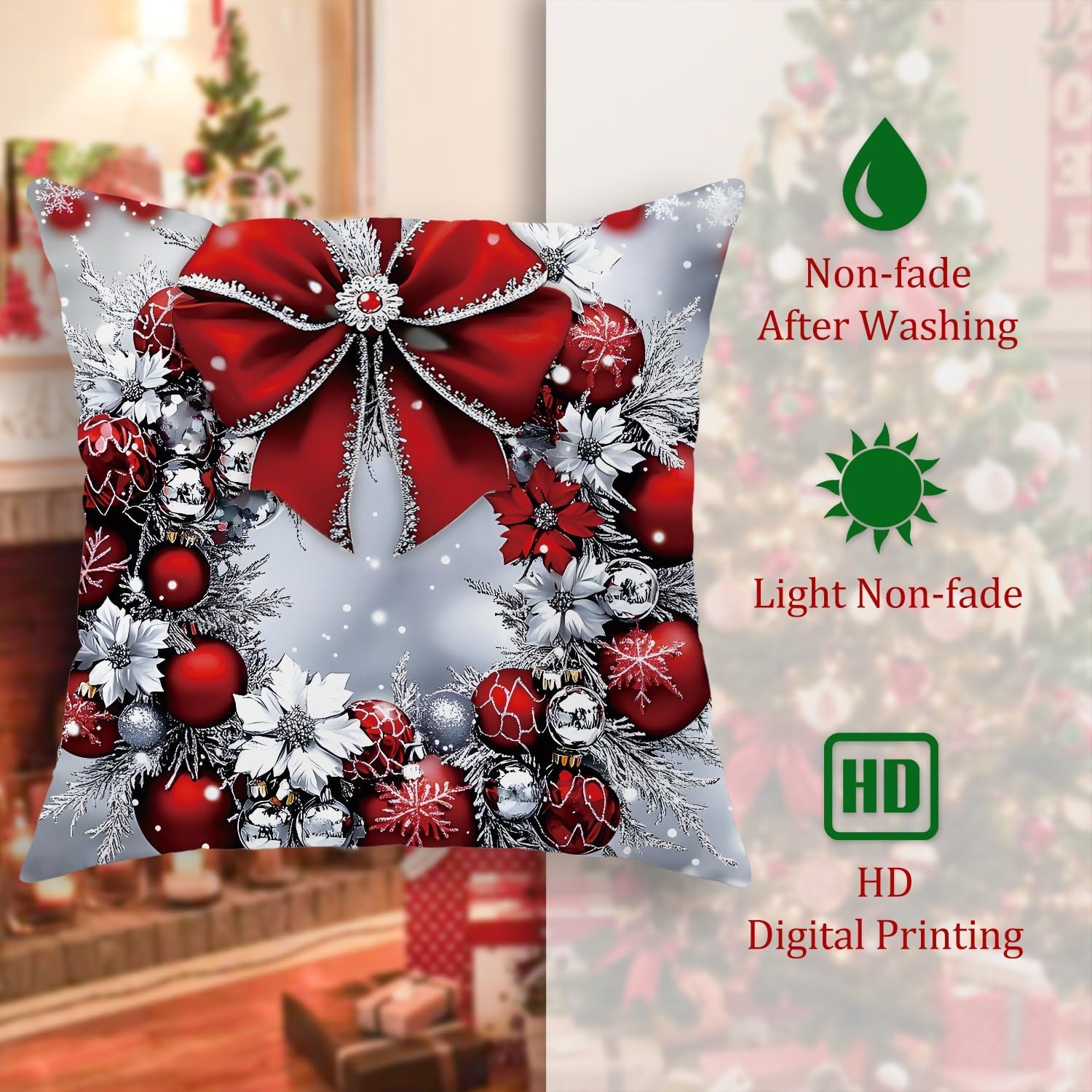 Christmas Throw Pillow Covers Set of 4, Red and Silver Holiday Decorative Cushion Cases for Home Sofa Bed Couch, Festive Winter Farmhouse Decor 22x22 Inch
