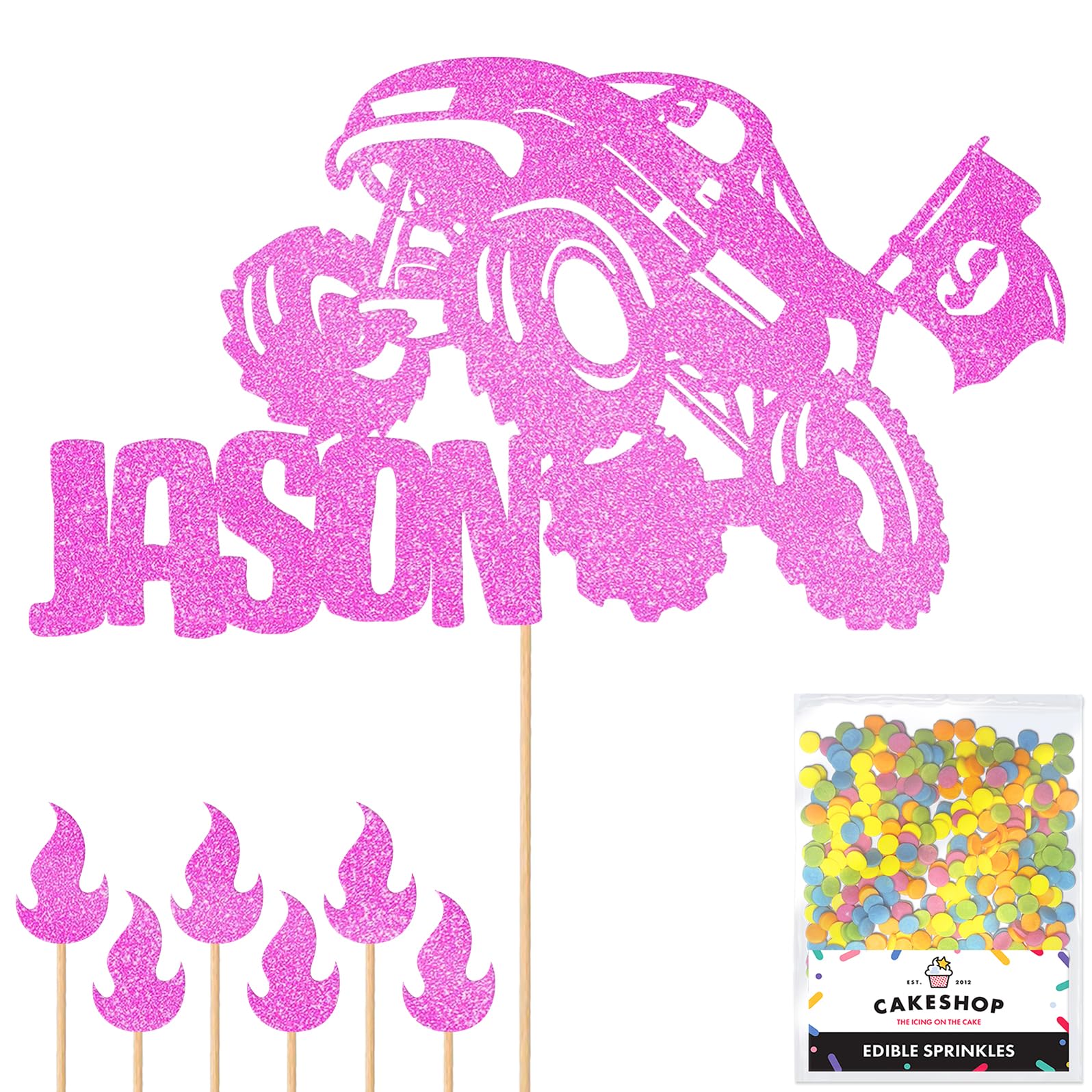 Personalised Off-Road Monster Truck 4x4 Glitter Topper- Lt Pink Custom Name Hot Wheels Glitter Cake Decoration and Sprinkles - Happy Birthday Decorations - Personalised Toppers for Cakes by Cakeshop