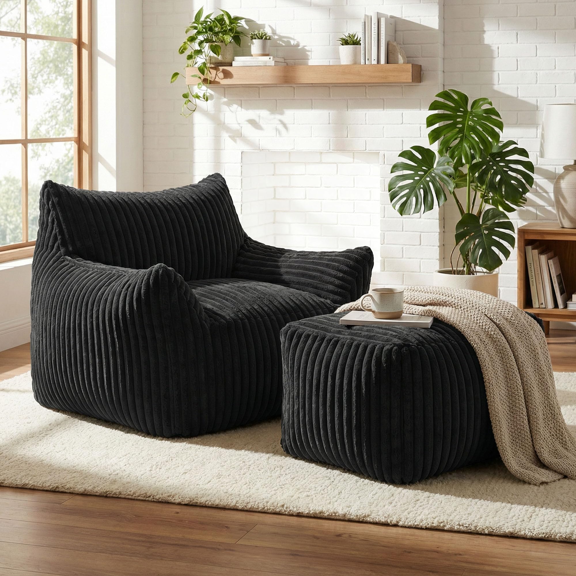GRAVFORCE Schlafsofa mit Rückenlehne und Fußstütze, XXL Sitzsack Sessel mit Hocker für Erwachsene, Relaxsessel Lazy Sofa, Indoor-Sitzkissen für Schlafzimmer Wohnzimmer, Wintergarten Schwarz