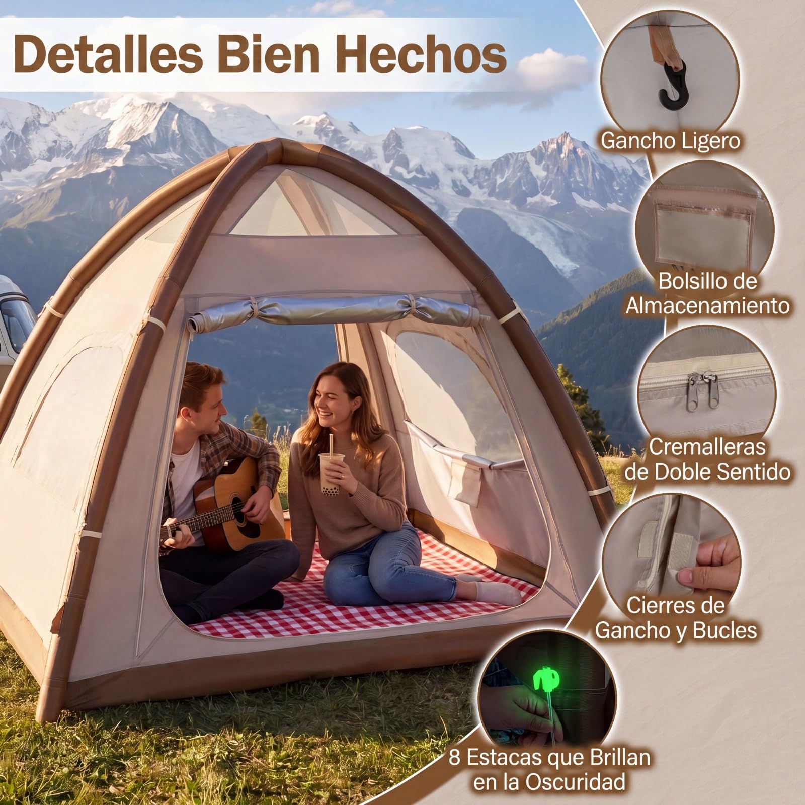 COSTWAY Tienda de Campaña para 2-4 Persona, Tienda de Campaña Hinchable con Bomba de Aire, Puertas y Ventanas de Malla, Estacas y Cuerdas de Sujeción, Bolsa de Transporte, 208 x 208 x 196 cm