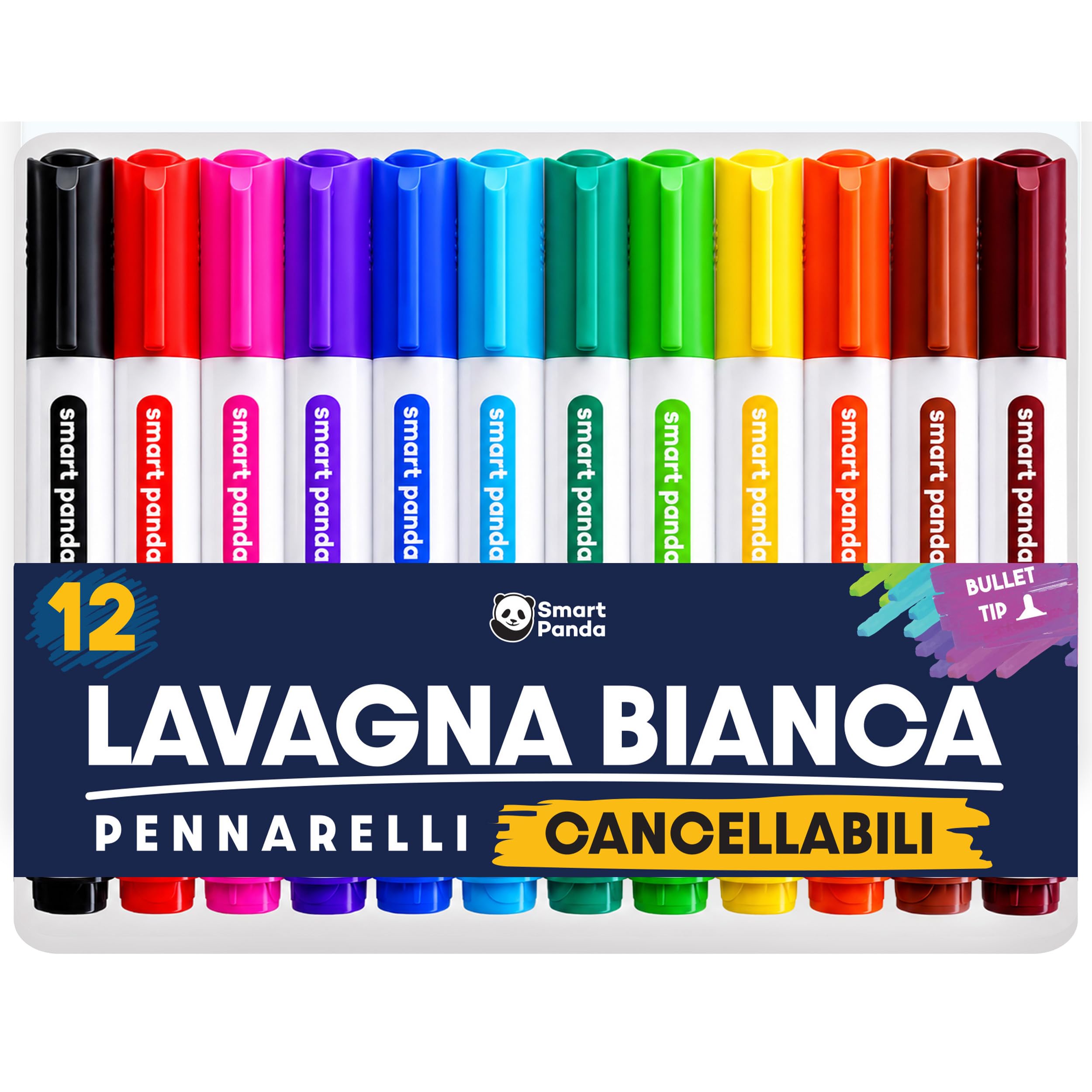 Smart Panda Pennarelli per Lavagnette Punta a Proiettile Subito Asciutti Marcatore Cancellabile Set 12 Colori Assortiti