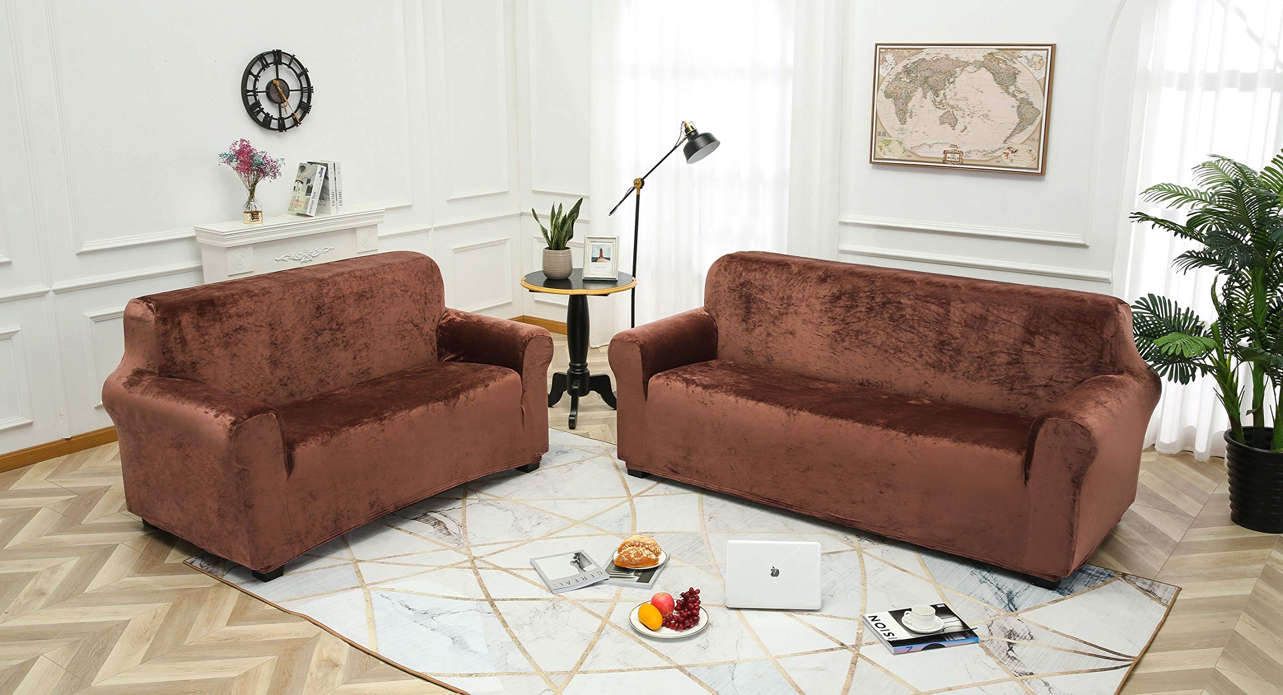 TIANSHU Copridivano 4 Posti in Velluto,Fodere Copridivani 1-Pezzo,Copridivani in morbido peluche di velluto per divano Fodere per mobili di lusso alla moda(4 Posti,caffè)