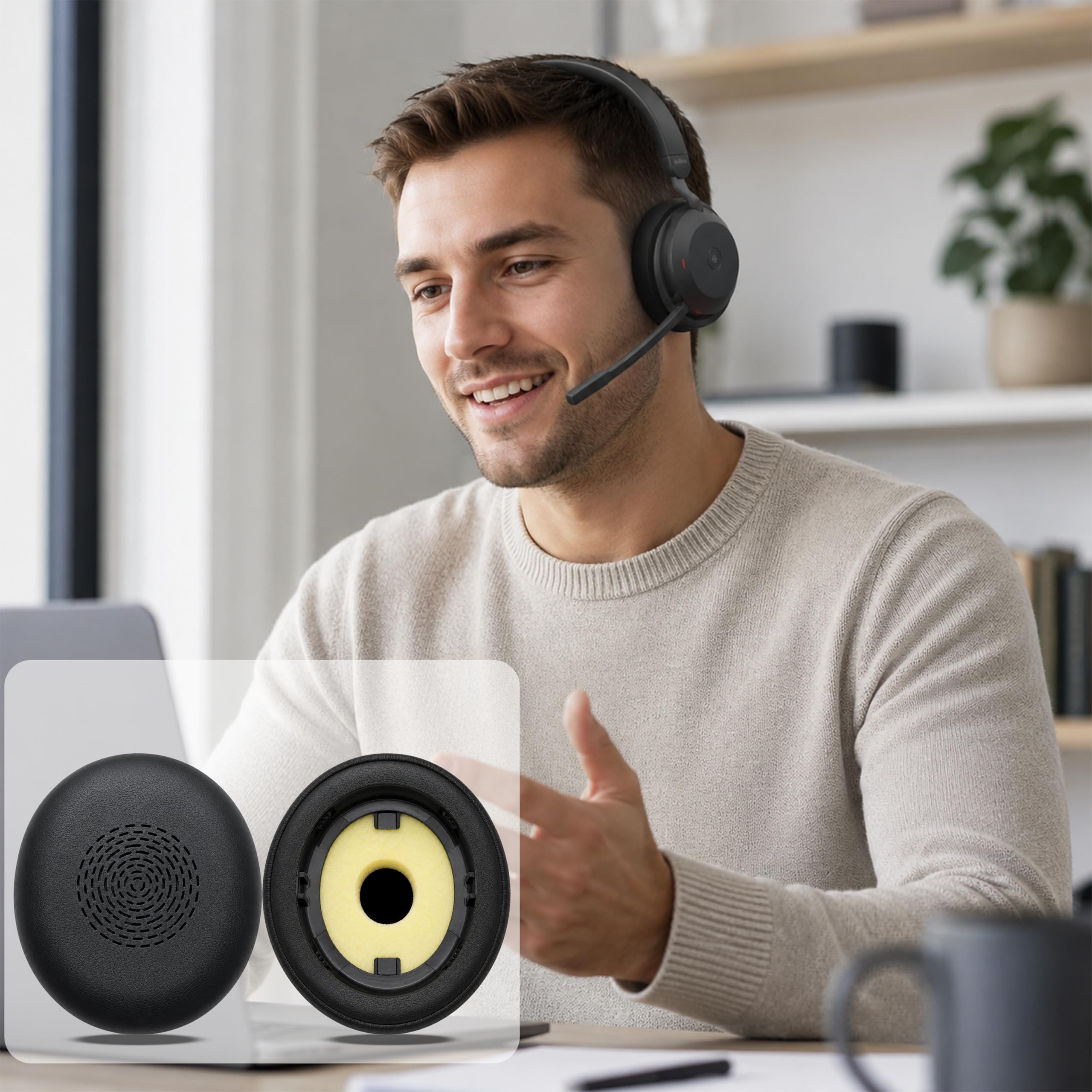 Almohadillas de repuesto para auriculares inalámbricos Jabra Evolve2 75 (no compatibles con Evolve 75), cubierta de orejeras, piel suave y almohadillas de espuma viscoelástica, color negro