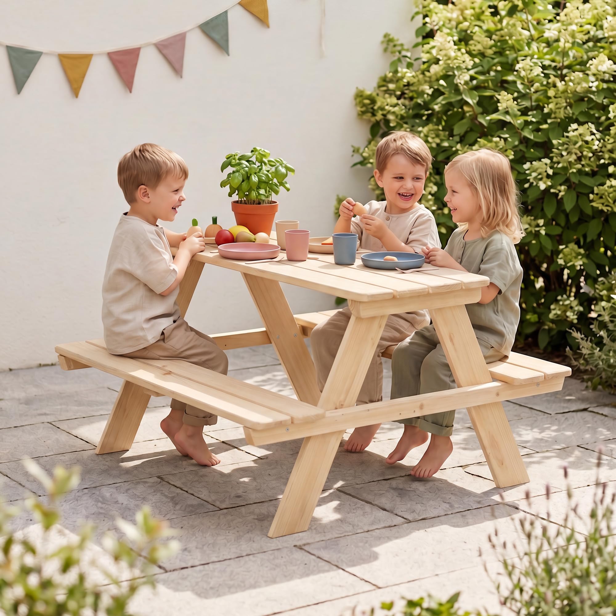 roba Kinder Outdoor+ Sitzgruppe "Picknick for 4" - Sitzgarnitur aus Massivholz - Natur