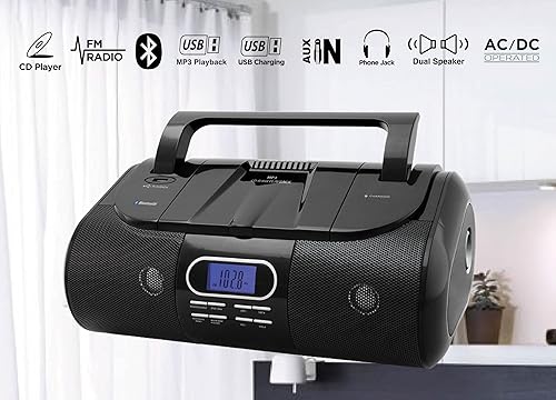 Miniatura 3 de HANNLOMAX Boombox portátil HX-318CD CDMP3USB, radio FM PLL, Bluetooth, 1 puerto USB para reproducción de MP3, 1 puerto USB para carga de 1A,