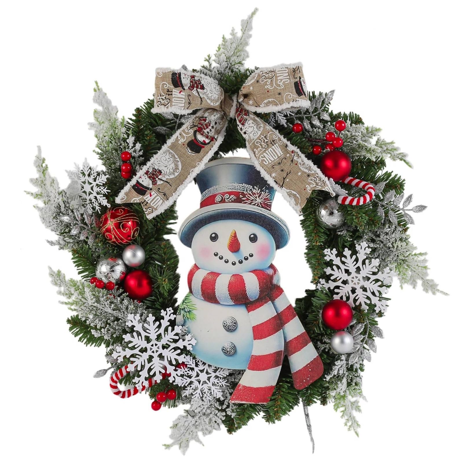 MERIGLARE Couronne de Noël Couronne Décorative Guirlande Ornement Foyer avec Flocons Baies et Boules sur Base de Sapin en Plastique avec Nœud Jute Convient à Porte d'Entrée Cheminée Salon50cm