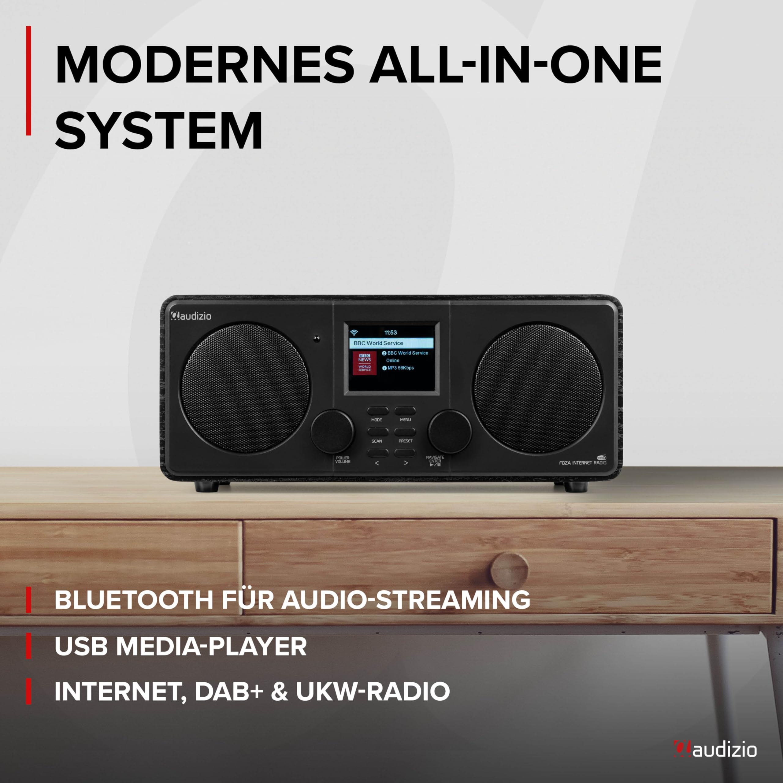 Audizio Foza - Internetradio WLAN, DAB Radio mit Bluetooth, Fernbedienung, 50 Watt, FM, AUX in, USB, MP3, Kopfhörer Anschluss, DAB Plus Radio, Küchenradio, Dual Alarm, Sleeptimer - Schwarz