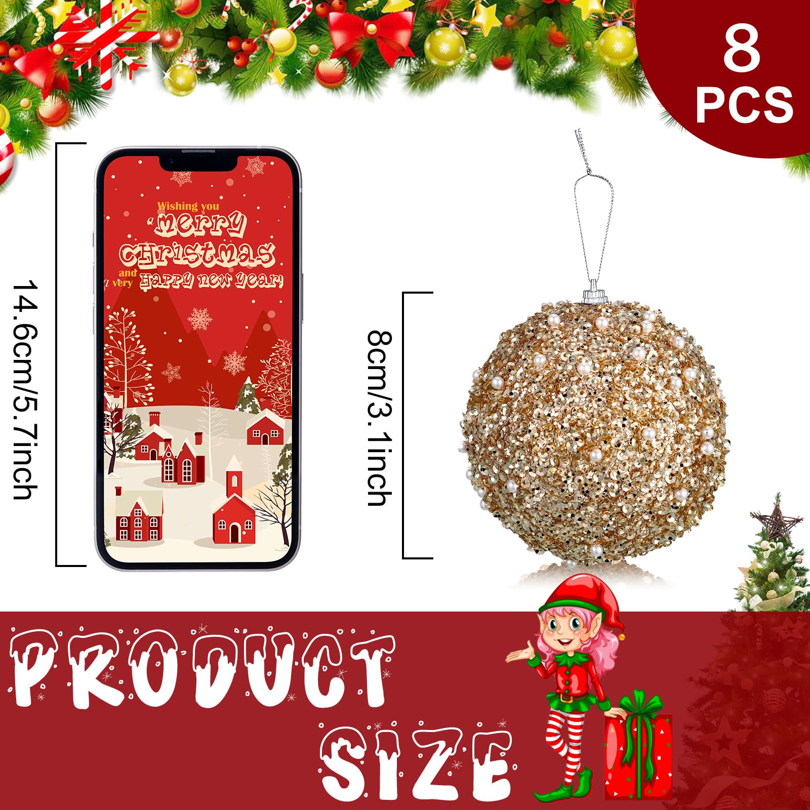 BBTO Lot de 8 boules de Noël à paillettes en mousse à paillettes - Décorations à suspendre pour Noël, fête de mariage, vacances (champagne, 8,9 cm)