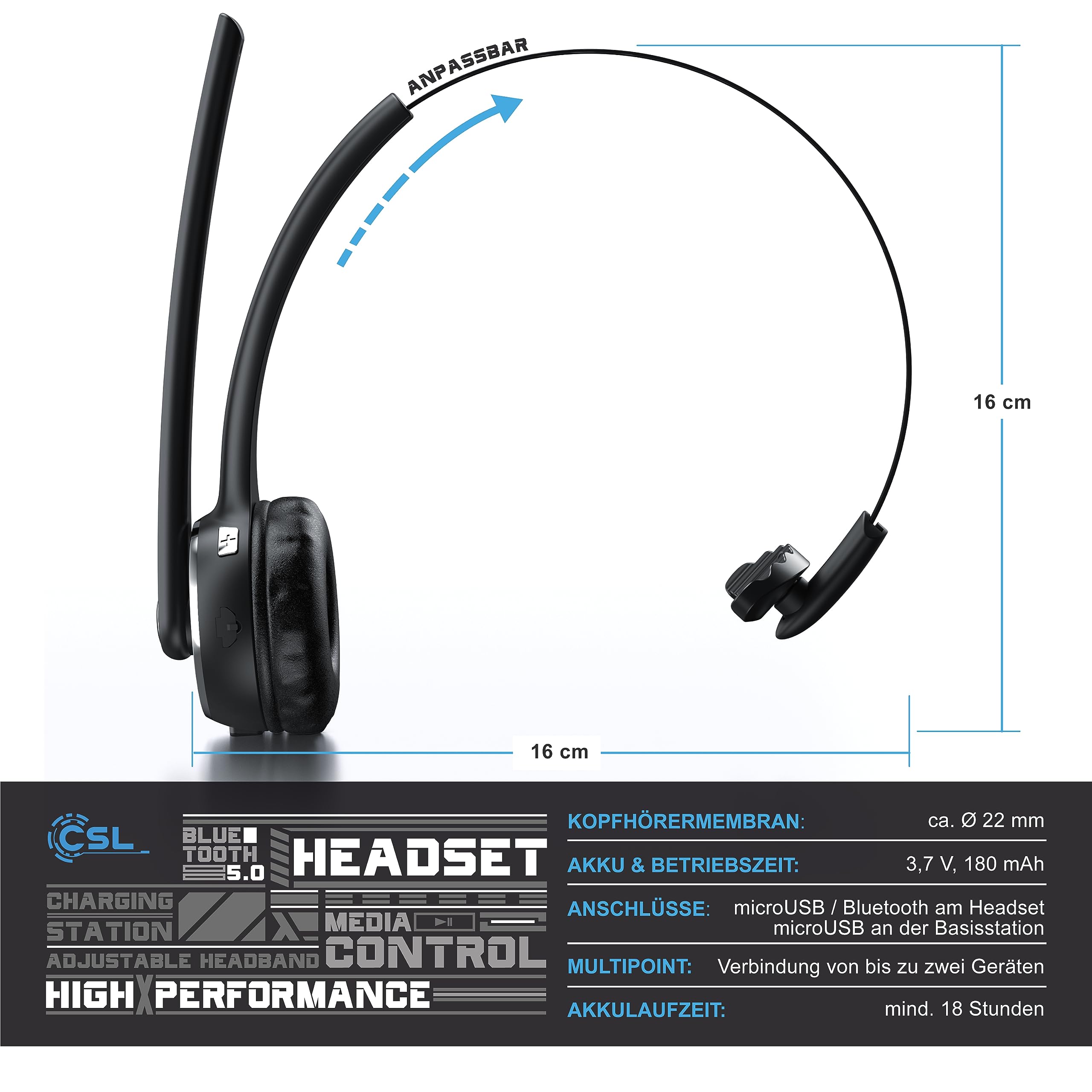 CSL - Headset kabellos mit Ladestation - Bluetooth PC Headset mit flexiblem Mikrofon - Multipoint - kabellos - leicht - freisprechen - für Auto und LKW Computer Call Center Handys