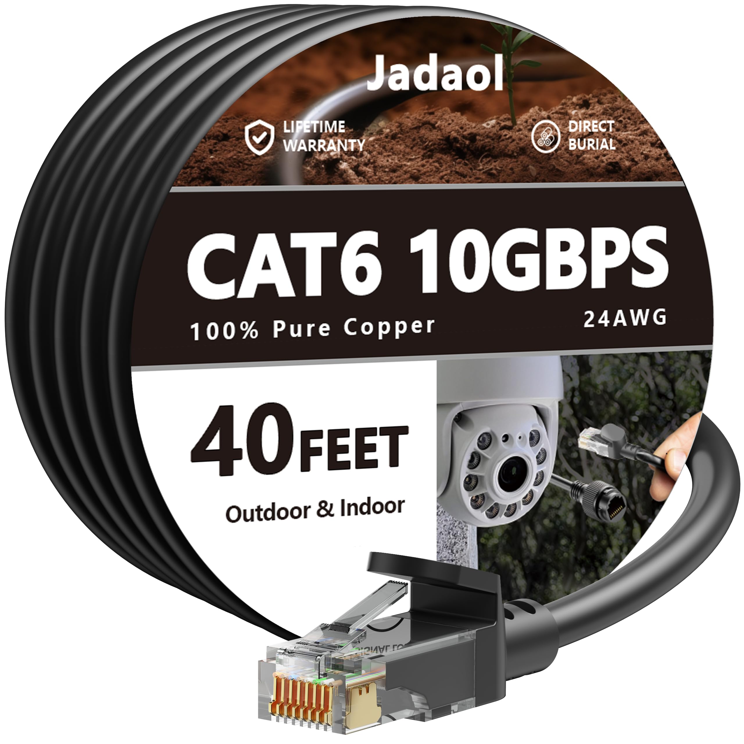 Cat 6 Outdoor Ethernet Cable 40 ft, Support Cat8/7 Network, 10Gbps 550MHz, 24AWG Pure Copper, Direct Burial Waterproof In-Ground UV Resistant LAN Internet Patch Cable for Router, Modem, Switch, Black