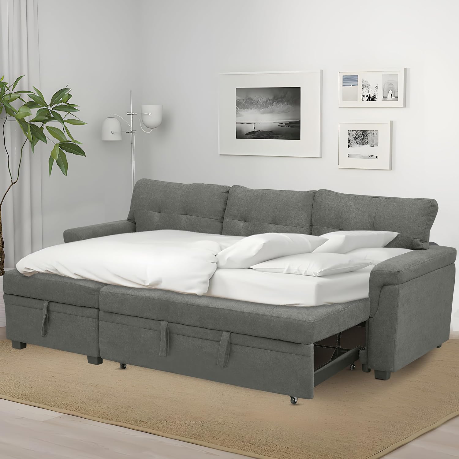Naomi Sleeper Sectional Sofa Convertible Bed Chaise Stress-Relieving Design Durable Cushions - Gray/Velvet