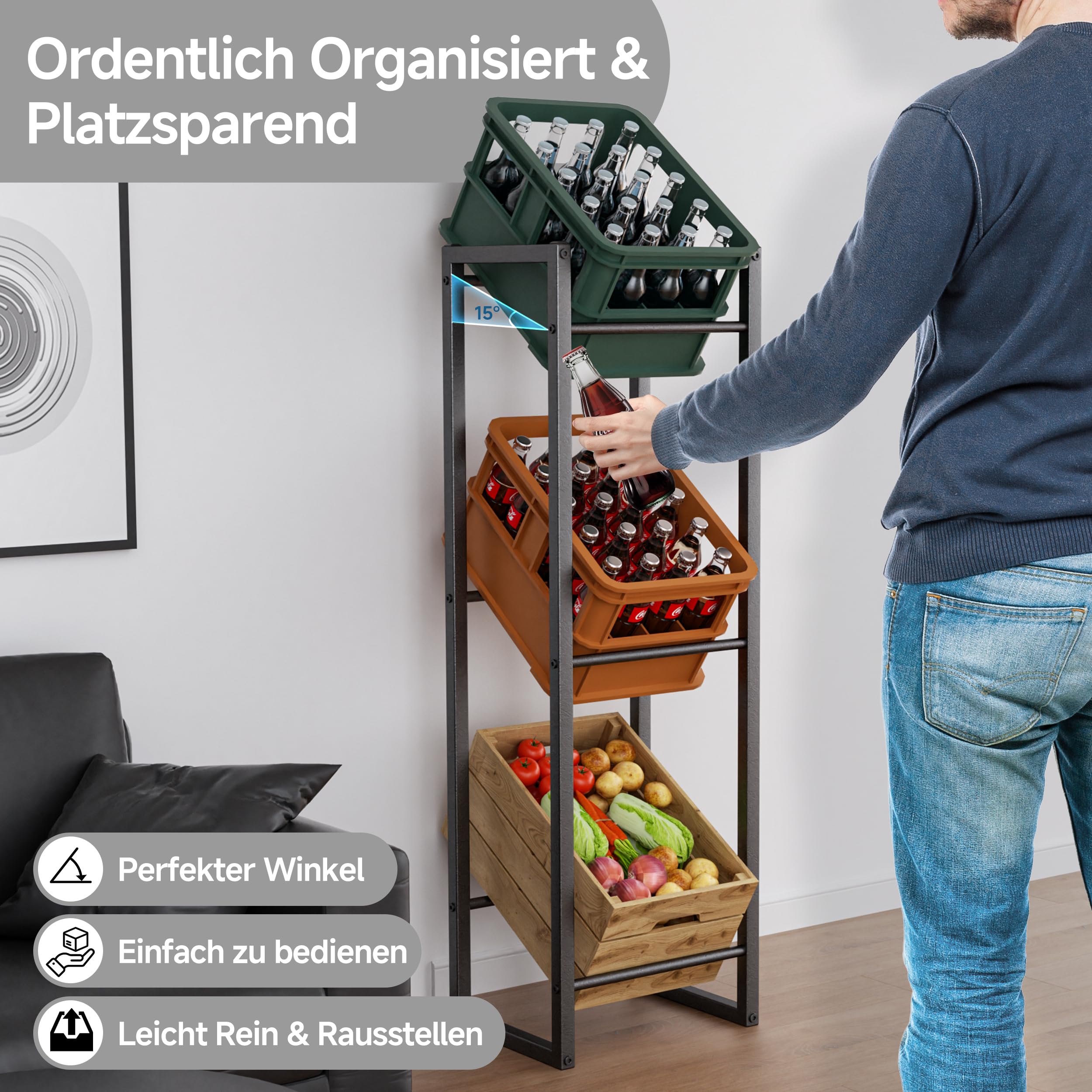 Schmales Getränkekistenregal 3 Kisten, 39x30x140 cm Stabiles Getränkeregal trag. 350KG, Platzsparendes Metall Wasserkistenregal Bierkistenregal mit Verstellbaren Füßen, Kistenregal für Küche, Bar