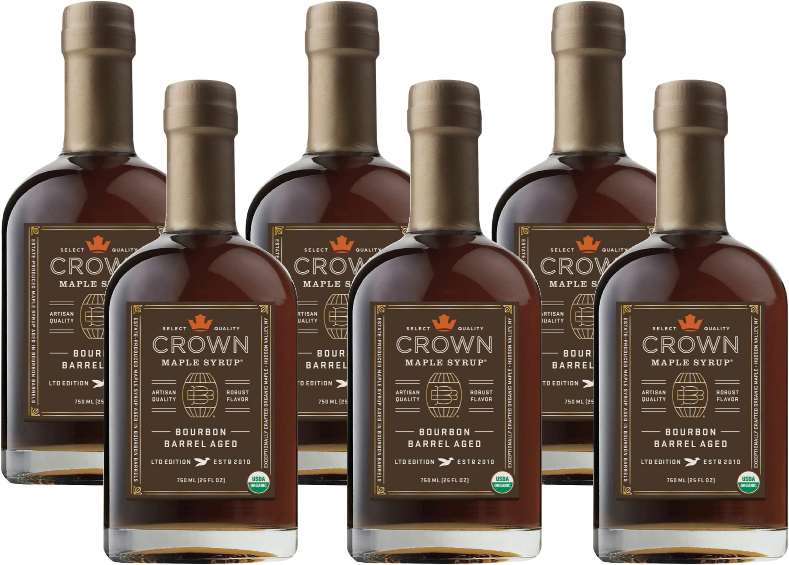 Crown Maple Bourbon Barrel Aged Organic Maple Syrup, 100% Pure, Grade A, Gluten Free, No Preservatives, Non-GMO Pancake and Breakfast Topping, 25 Fl Oz (Pack of 6)