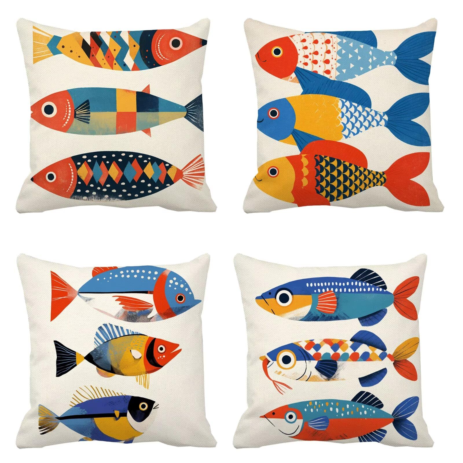 Housse coussin 65x65 poisson en velours | Lot de 4 taies carrées B-914 pour salon