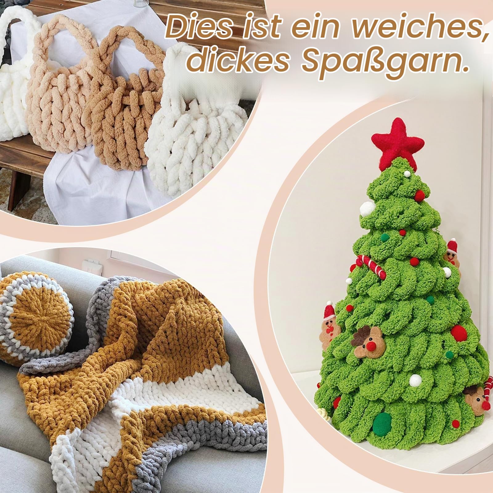 6 Stränge Armstricken Wolle für Decke Stricken 2cm x 25.6m Chenille Wolle zum Häkeln 226g Handstrickgarn Chunky Yarn, Dicke Schlauchgarn zum Handstricken Decken, Tasche, Haustier Bett