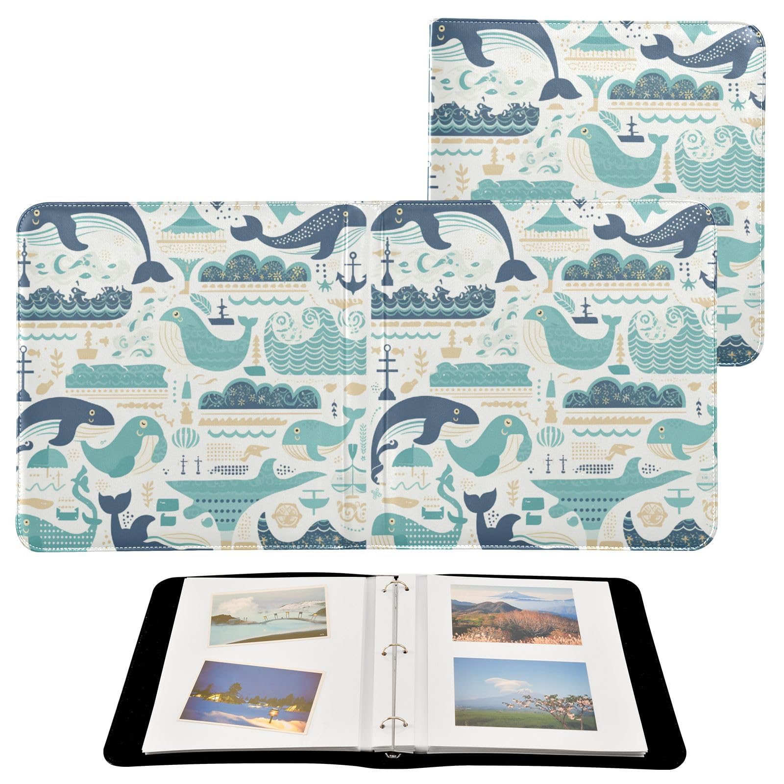 Kigai Cute Whale Photo Album Self Adhesive Scrapbook Album Leather Cover DIY Picture Scrap Book with 20 Adhesive Sheets, 11.8x24x0.8 inch