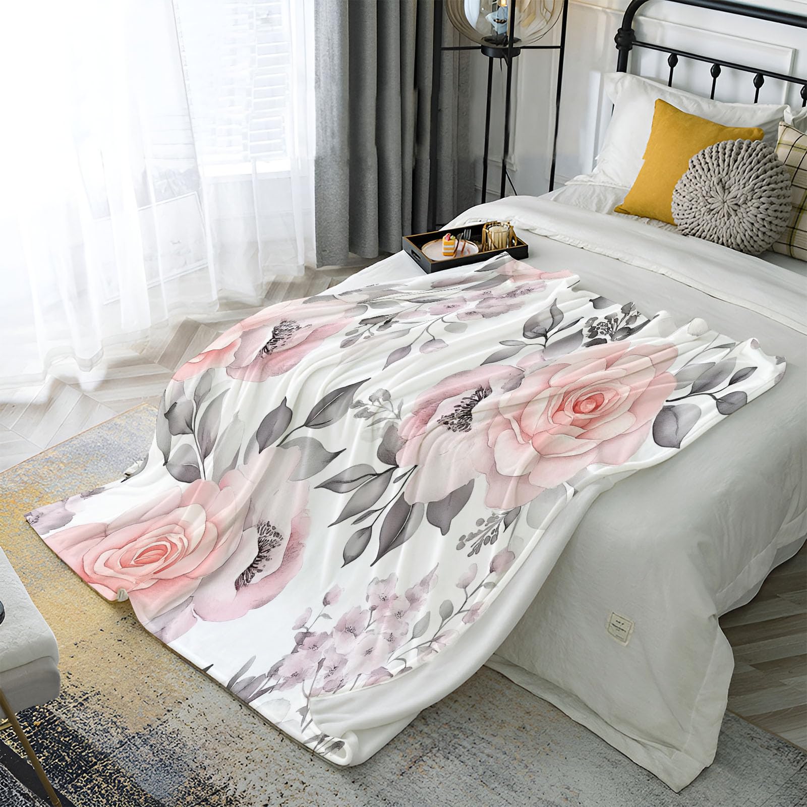 Couverture Polaire 200x220cm en Flanelle Aquarelle Pivoine pour Lit Deux Places